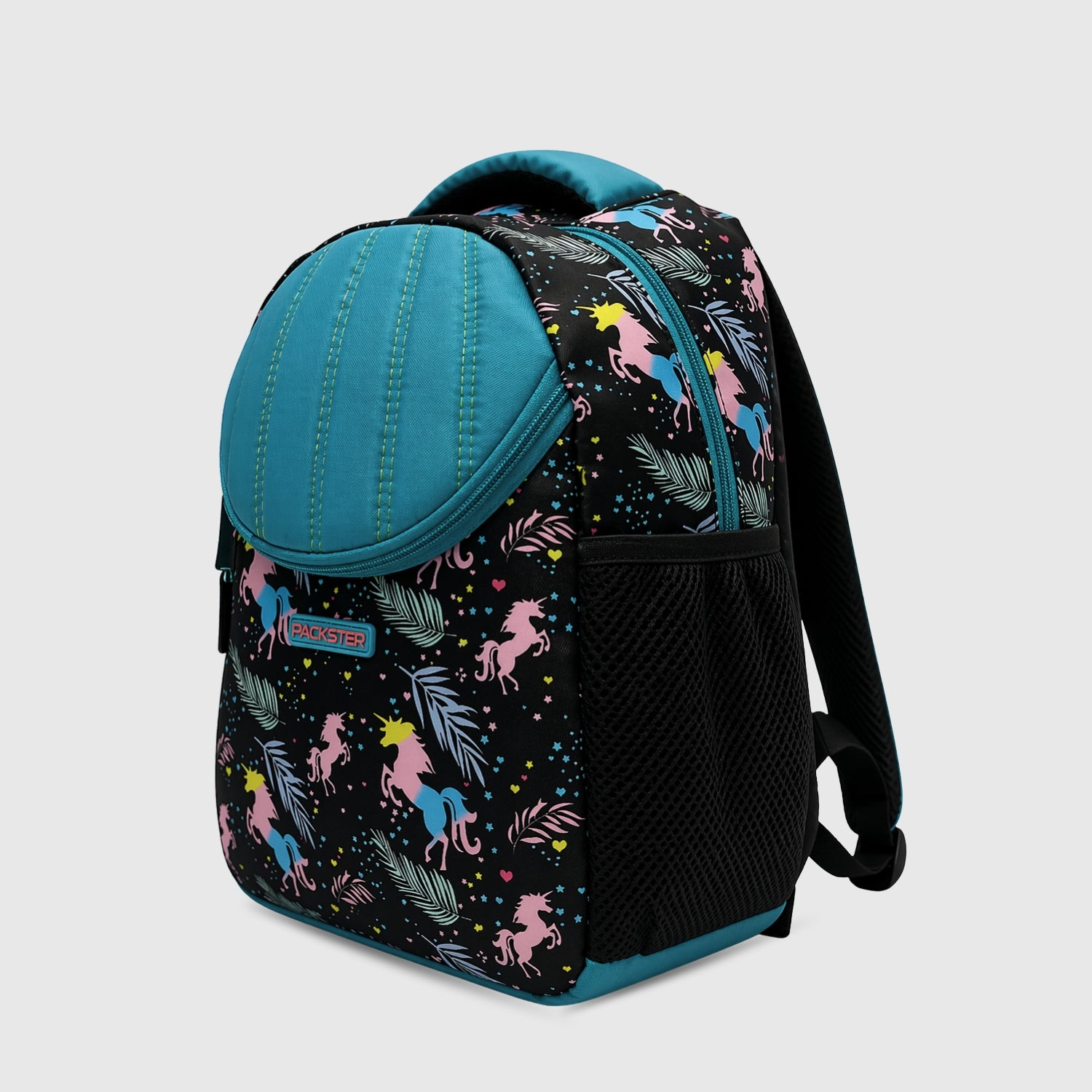 Packster SMALL-FLICKA Aqua  Black 9L Toddler Backpack | Knit Twill Polyester | Water-Resistant Kids School Bag | Padded Back | Bottle Holder | Adjustable Straps | School Bag for kids 2–5 Years