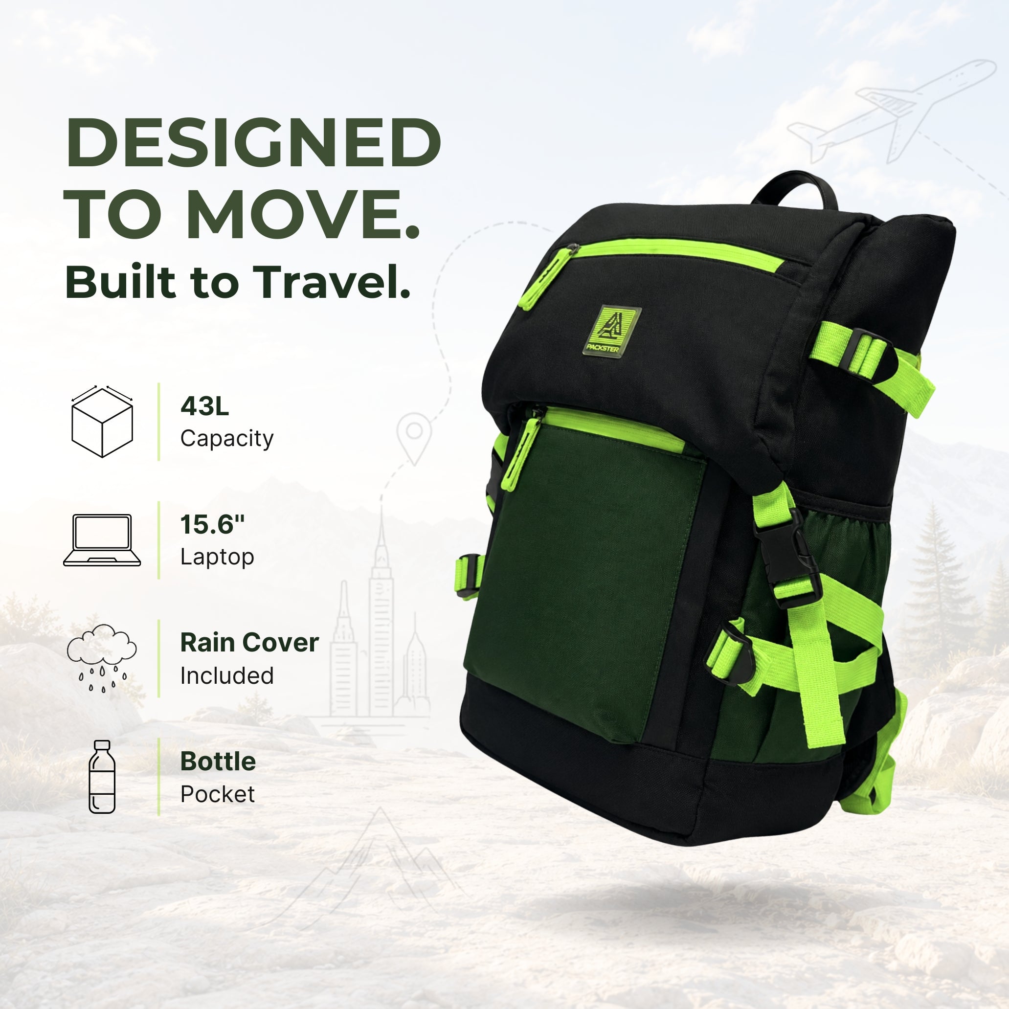  Black/Green Travel Backpack 