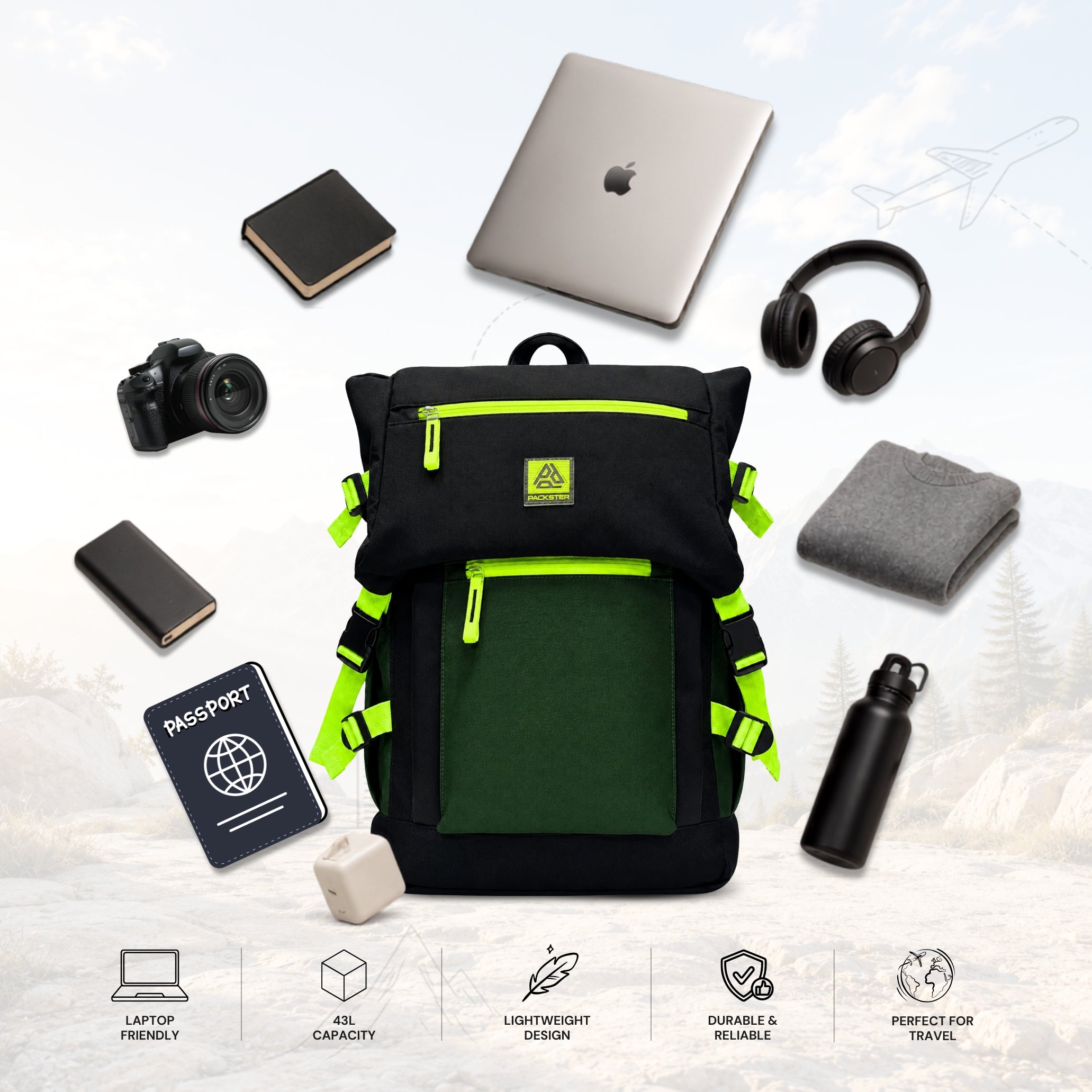  Black/Green Travel Backpack 