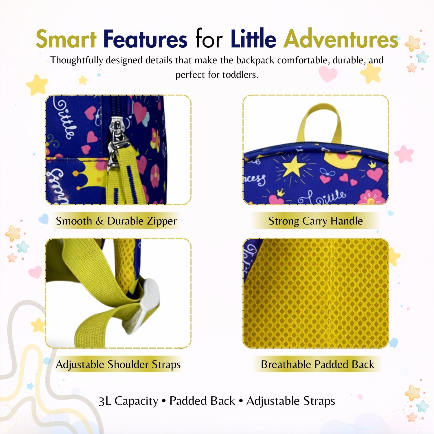 Packster PRE-CROWN Royal Blue 3L Toddler Backpack | Flowers & Butterfly Print | Lightweight Kids School Bag | Padded Back & Adjustable Straps | PVC & Polyester | School Bag for Kids 3-5 Girls