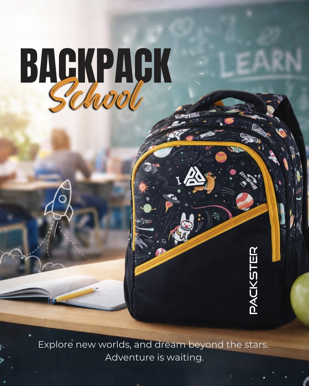 Packster 21L School Backpack for Kids (Girls & Boys) | Water-Resistant | Triple Compartment | Adjustable Padded Straps | Space Black Cartoon Design