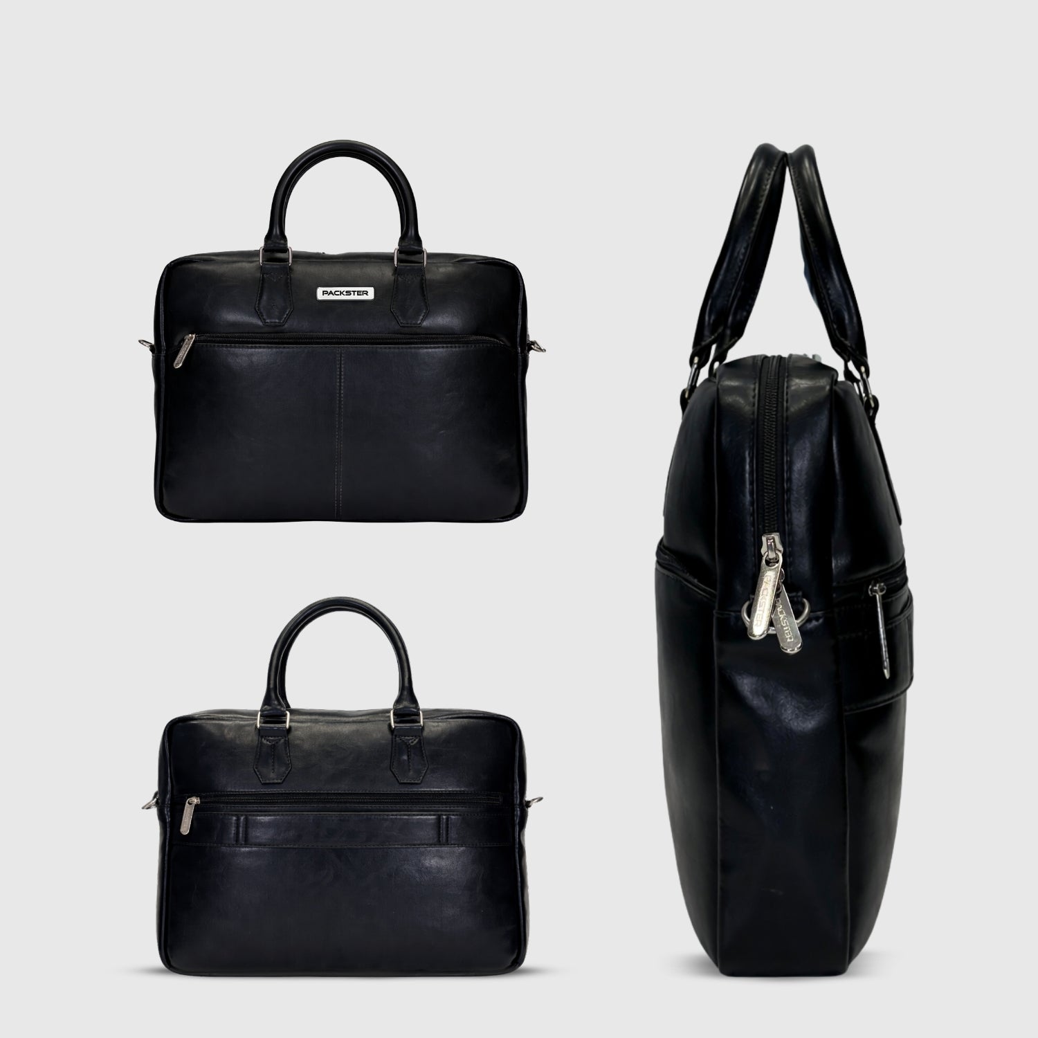 Packster Premium Leather Laptop Bag for Men, Deer Napa Crushed Effect, Up to 13 Inch, Messenger Bag with Adjustable Strap, Trolley Sleeve, Organiser - Black