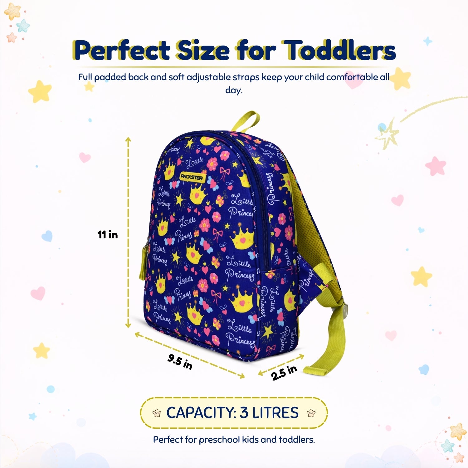 Packster PRE-CROWN Royal Blue 3L Toddler Backpack | Flowers & Butterfly Print | Lightweight Kids School Bag | Padded Back & Adjustable Straps | PVC & Polyester | School Bag for Kids 3-5 Girls