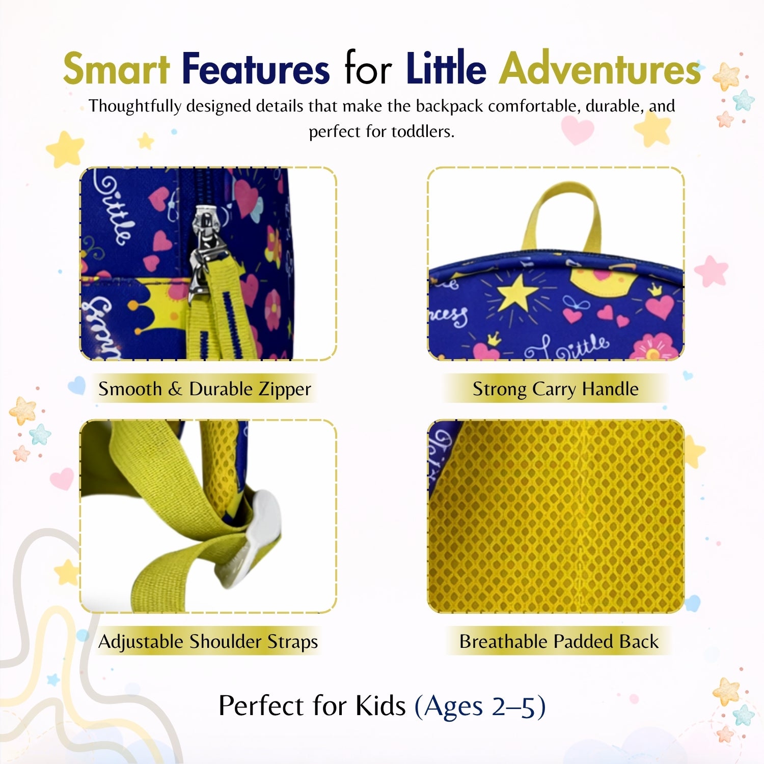 Packster PRE-CROWN Royal Blue 3L Toddler Backpack | Flowers & Butterfly Print | Lightweight Kids School Bag | Padded Back & Adjustable Straps | PVC & Polyester | School Bag for Kids 3-5 Girls