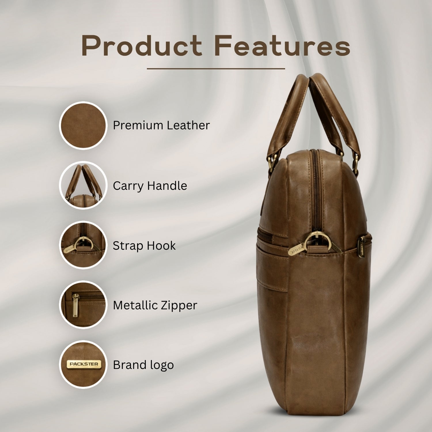 Packster Brown Laptop Messenger Bag for Men | Premium Vegan Leather Office Bag with 15.6 Inch Laptop Compartment, Trolley Sleeve & Organizer