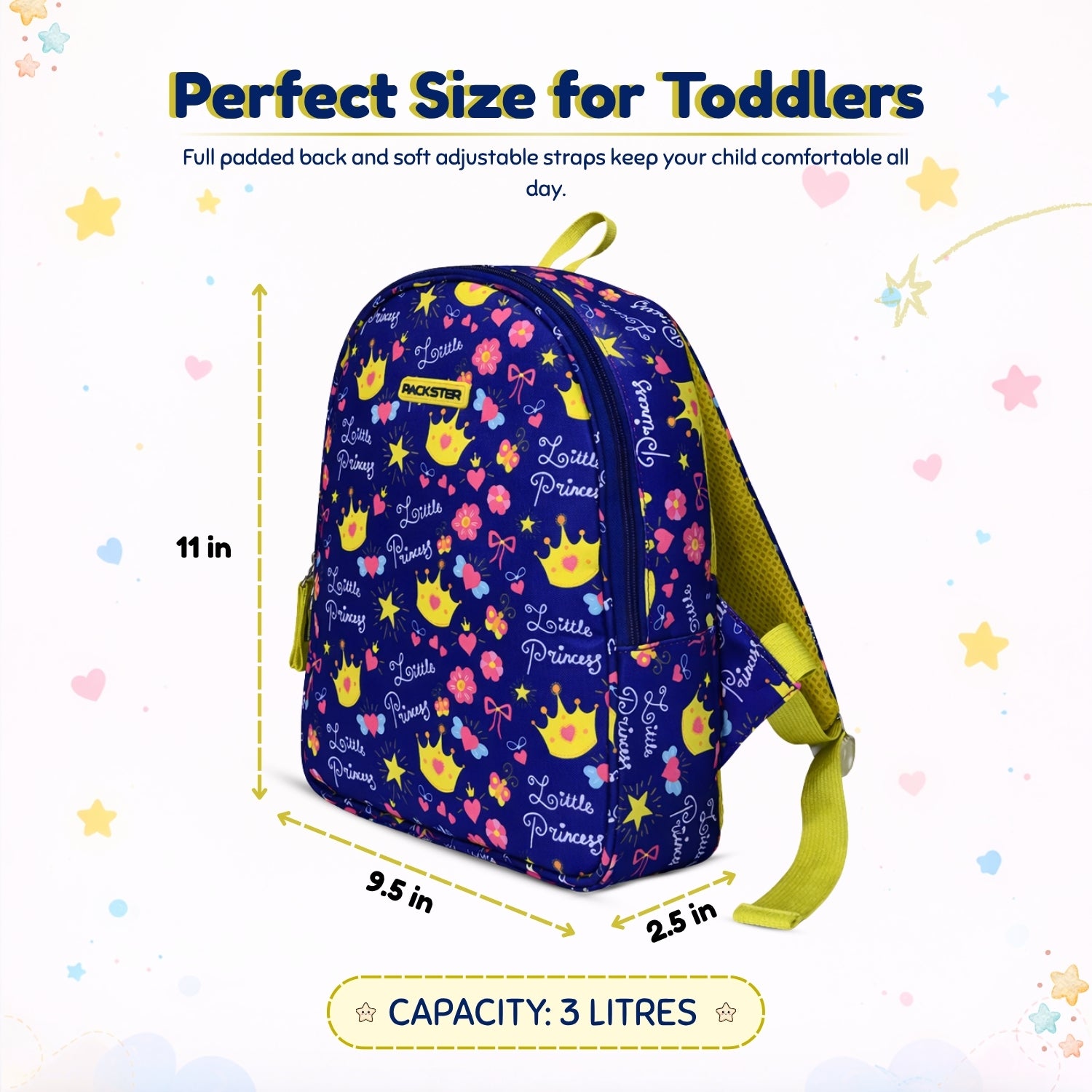 Packster PRE-CROWN Royal Blue 3L Toddler Backpack | Flowers & Butterfly Print | Lightweight Kids School Bag | Padded Back & Adjustable Straps | PVC & Polyester | School Bag for Kids 3-5 Girls