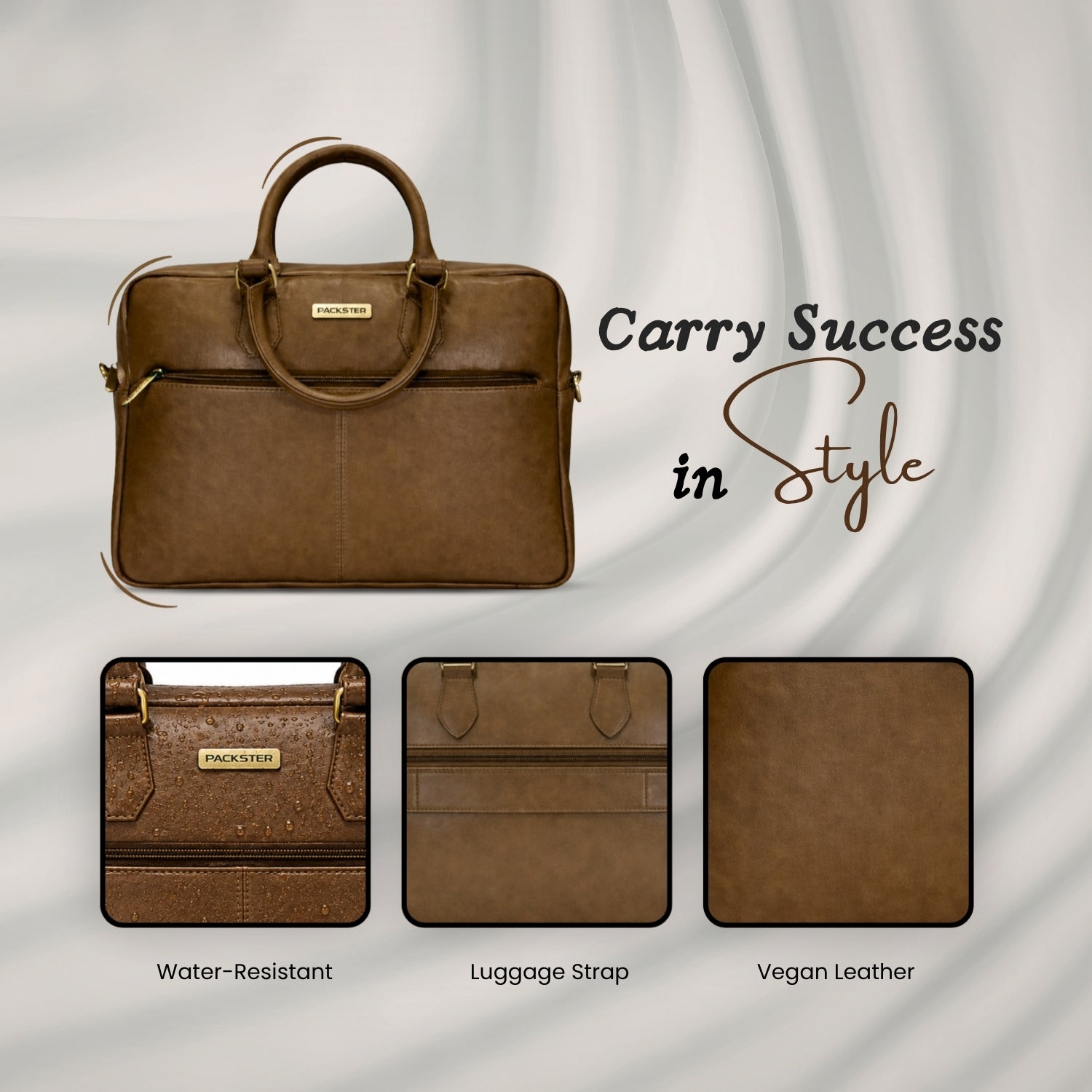 Packster Brown Laptop Messenger Bag for Men | Premium Vegan Leather Office Bag with 15.6 Inch Laptop Compartment, Trolley Sleeve & Organizer
