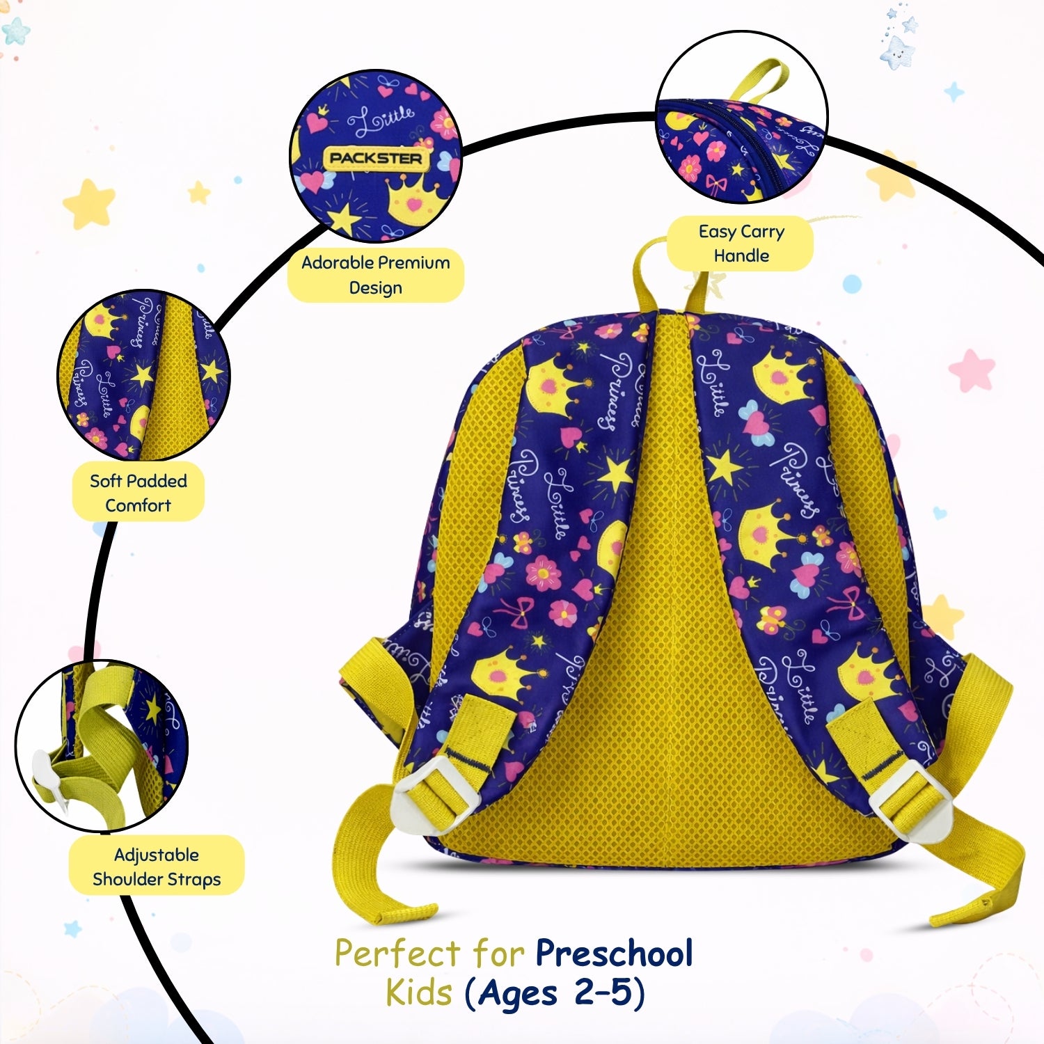 Packster PRE-CROWN Royal Blue 3L Toddler Backpack | Flowers & Butterfly Print | Lightweight Kids School Bag | Padded Back & Adjustable Straps | PVC & Polyester | School Bag for Kids 3-5 Girls