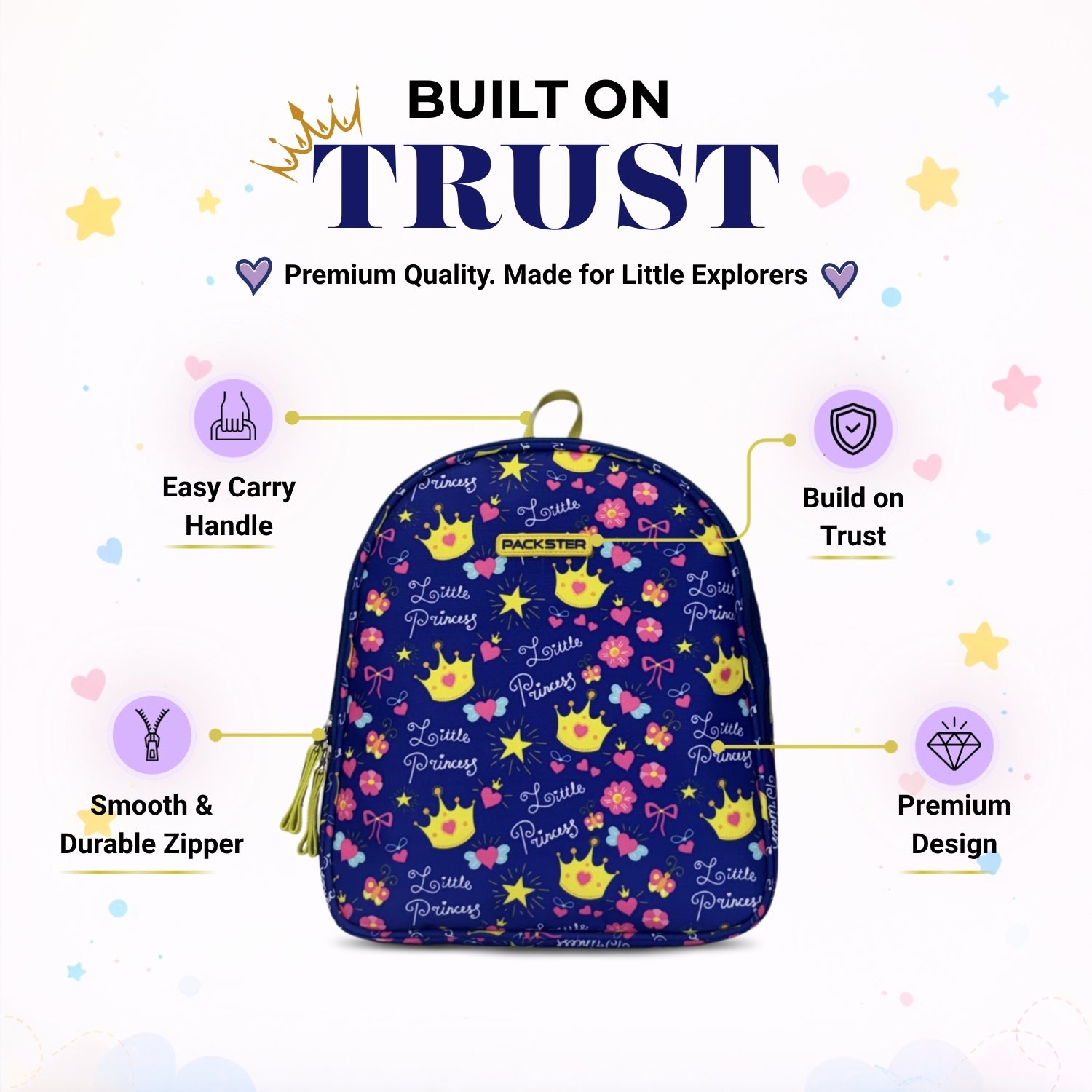 Packster PRE-CROWN Royal Blue 3L Toddler Backpack | Flowers & Butterfly Print | Lightweight Kids School Bag | Padded Back & Adjustable Straps | PVC & Polyester | School Bag for Kids 3-5 Girls