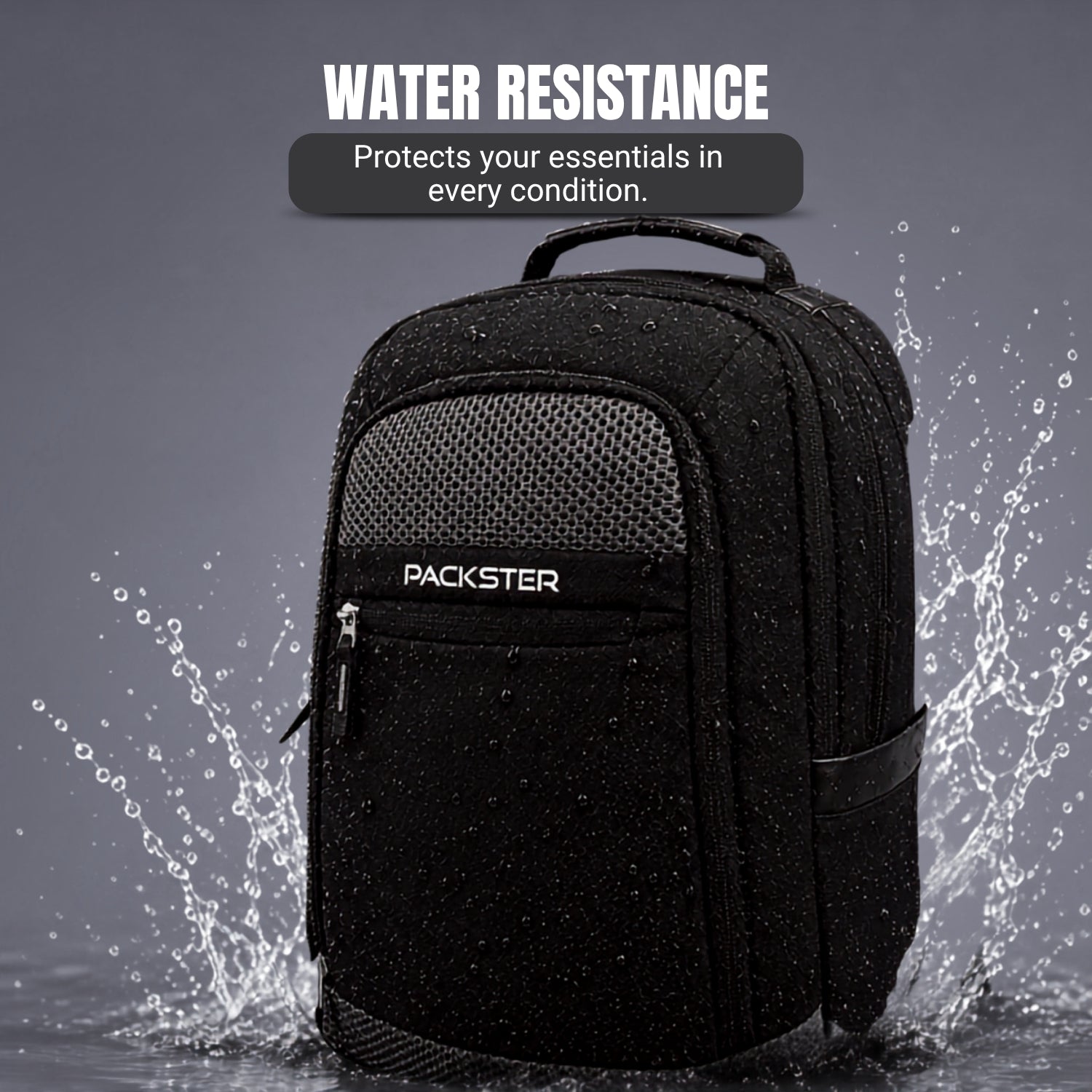 Packster Dive 24L Mesh Black Laptop Backpack for Men & Women | Water-Resistant Office & Travel Backpack with 15.6 Inch Laptop Compartment, Trolley Sleeve & 3 Compartments