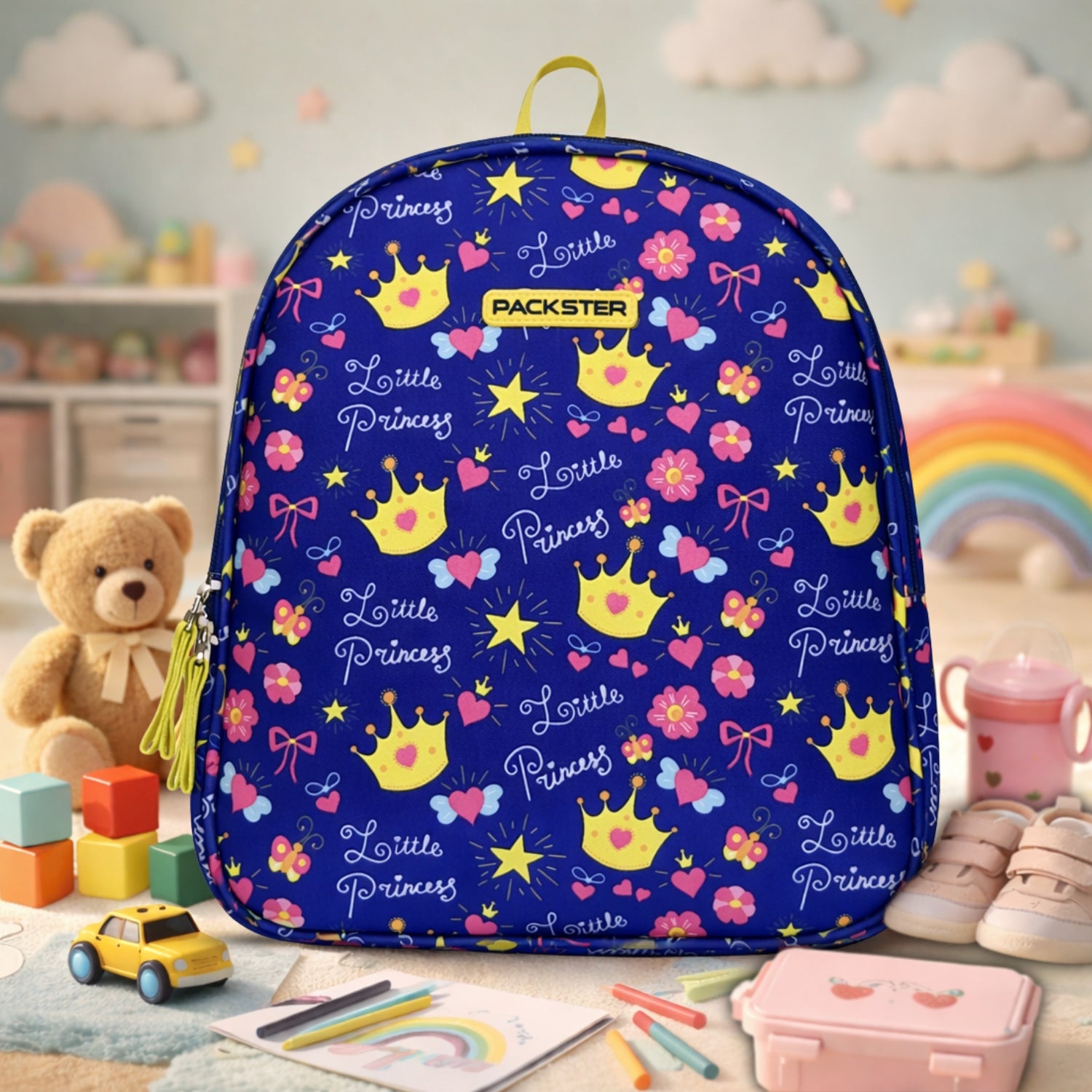 Packster PRE-CROWN Royal Blue 3L Toddler Backpack | Flowers & Butterfly Print | Lightweight Kids School Bag | Padded Back & Adjustable Straps | PVC & Polyester | School Bag for Kids 3-5 Girls