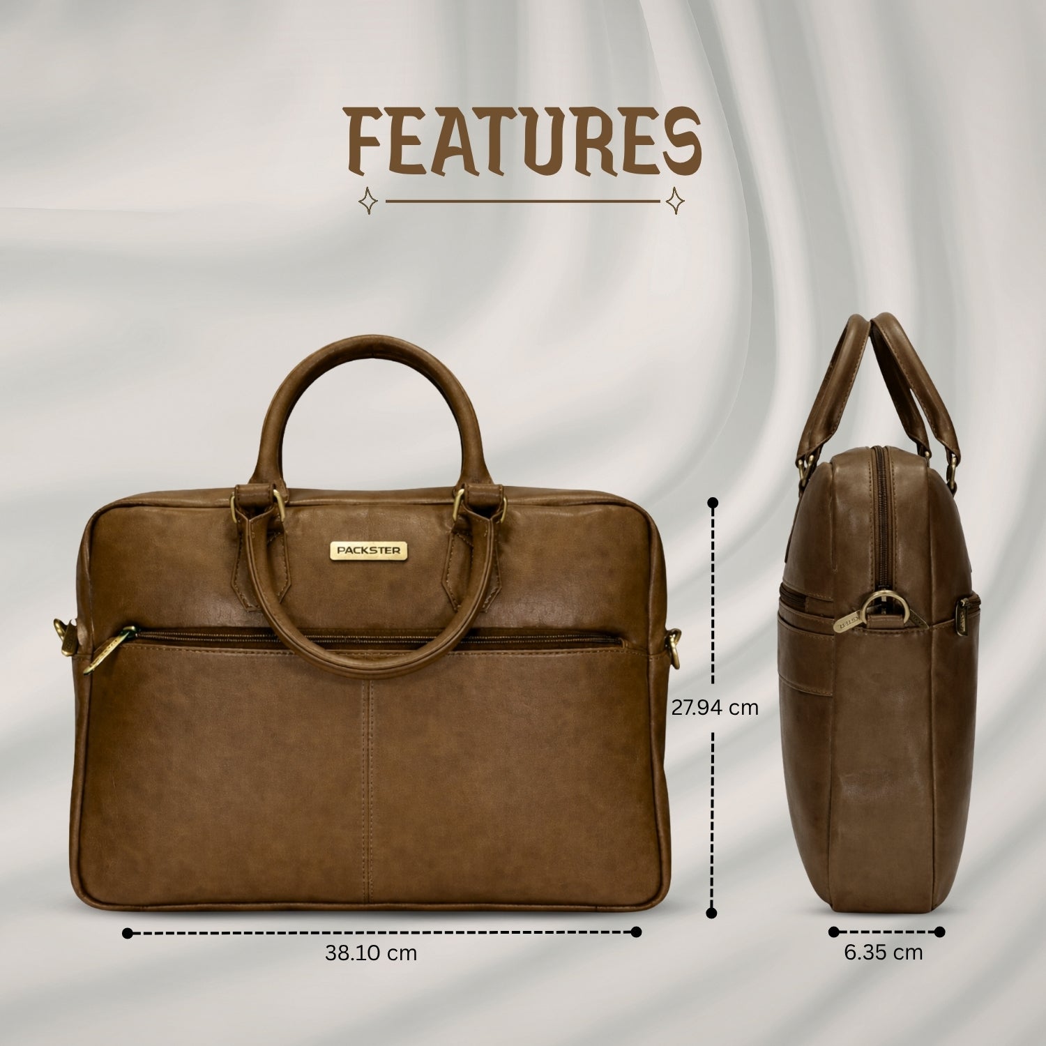 Packster Brown Laptop Messenger Bag for Men | Premium Vegan Leather Office Bag with 15.6 Inch Laptop Compartment, Trolley Sleeve & Organizer