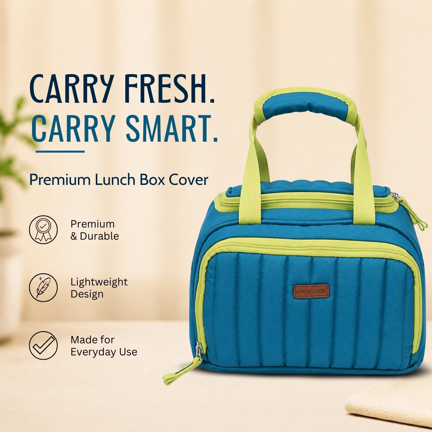 Packster Quilted 8L Teal Lunch Bag for Men & Women | Water-Resistant Lunch Bag with Front Utility Pocket, Quilted Design, Dual Zip & Padded Carry Handle