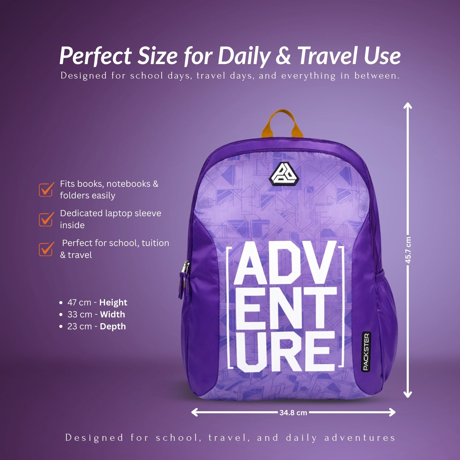 Packster Adventure lavander 36L Laptop Backpack for Students | Triple Compartment, Organizer Pockets, Water-Resistant School & Travel Bag