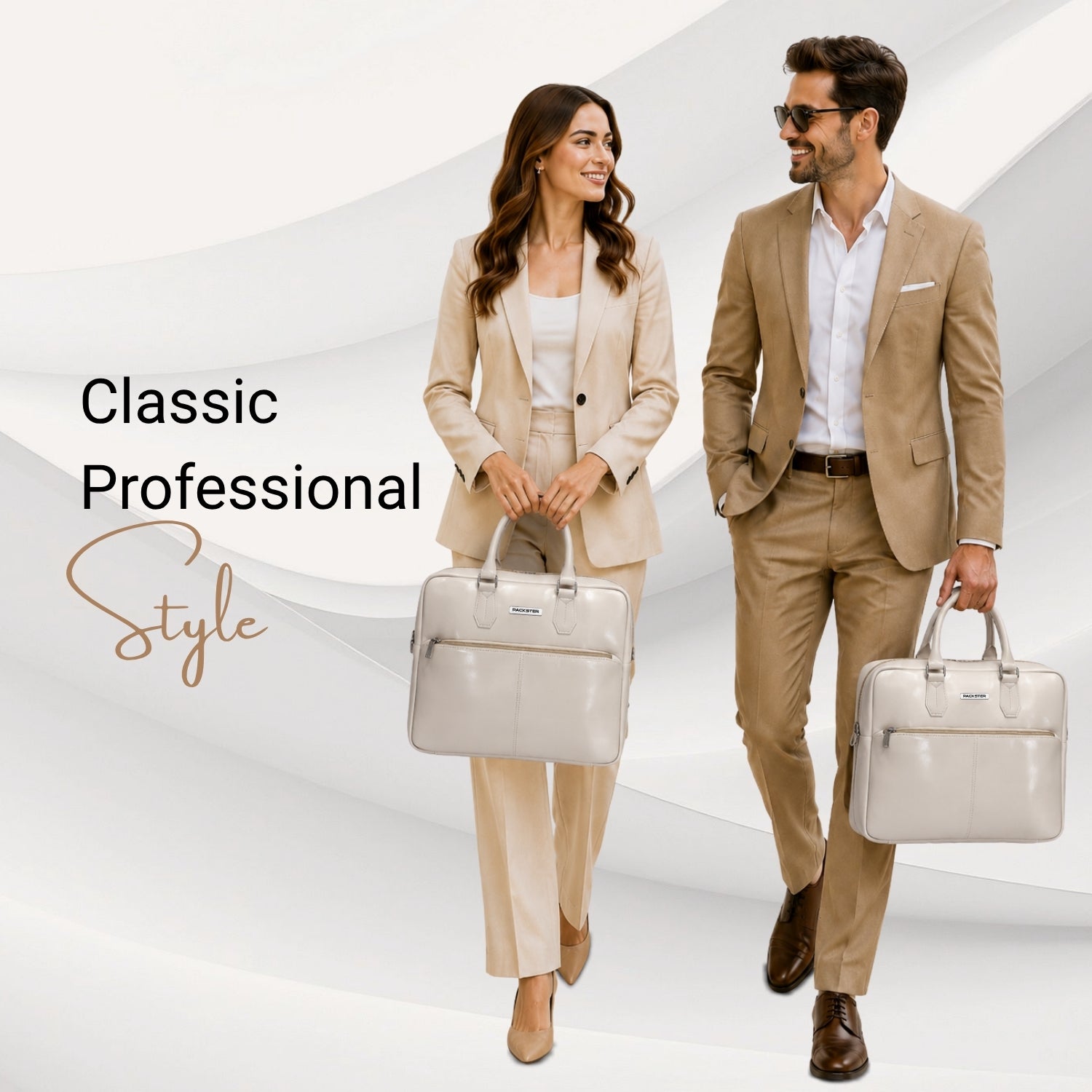 Packster White Laptop Messenger Bag for Men | Ecru Off-White Vegan Leather Office Bag with 15.6 Inch Laptop Compartment, Trolley Sleeve & Organizer