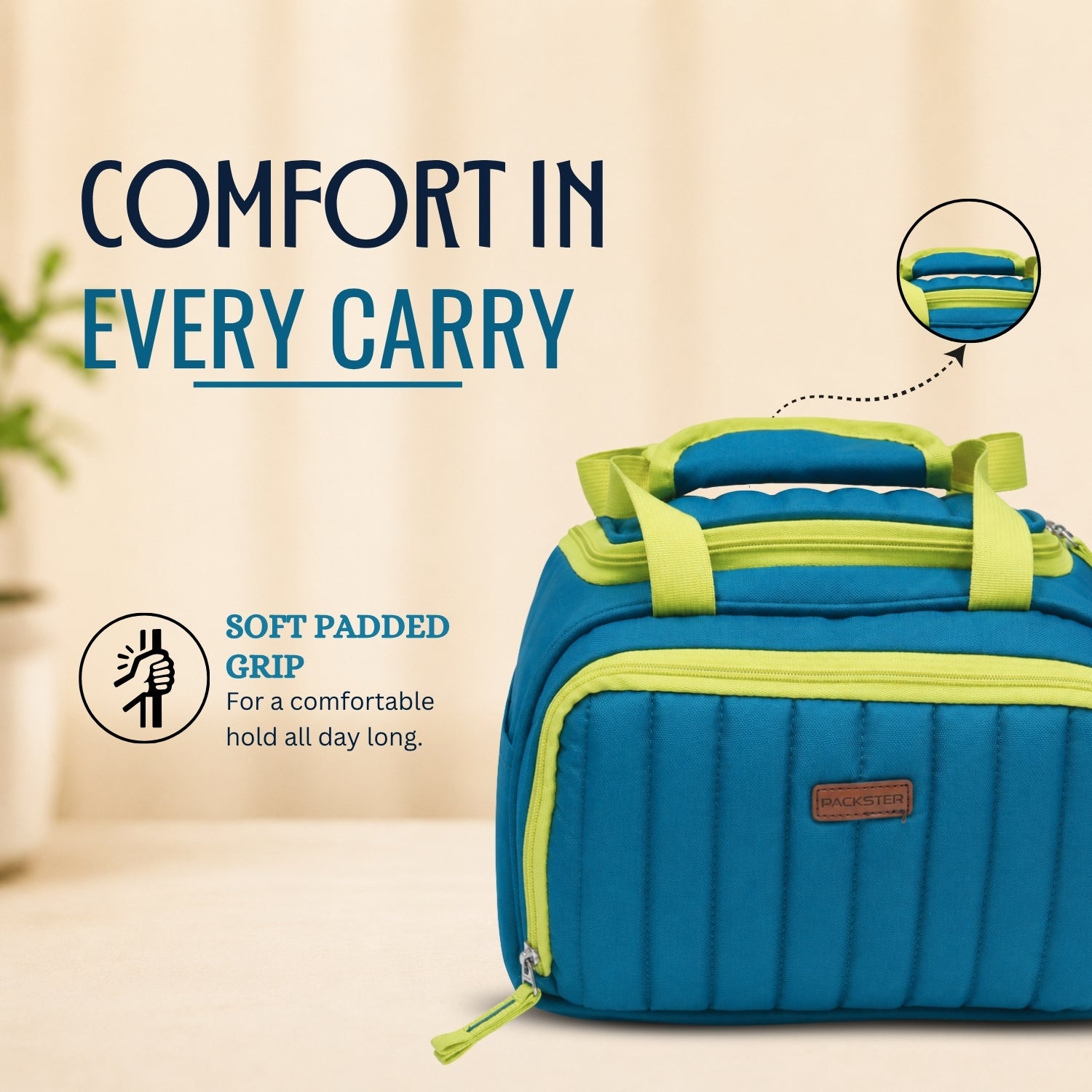 Packster Quilted 8L Teal Lunch Bag for Men & Women | Water-Resistant Lunch Bag with Front Utility Pocket, Quilted Design, Dual Zip & Padded Carry Handle