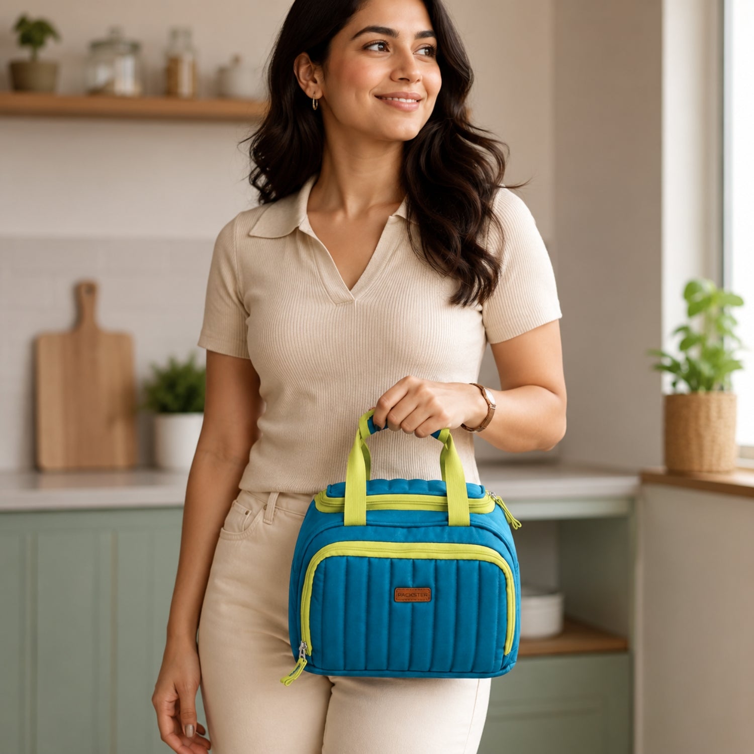 Packster Quilted 8L Teal Lunch Bag for Men & Women | Water-Resistant Lunch Bag with Front Utility Pocket, Quilted Design, Dual Zip & Padded Carry Handle