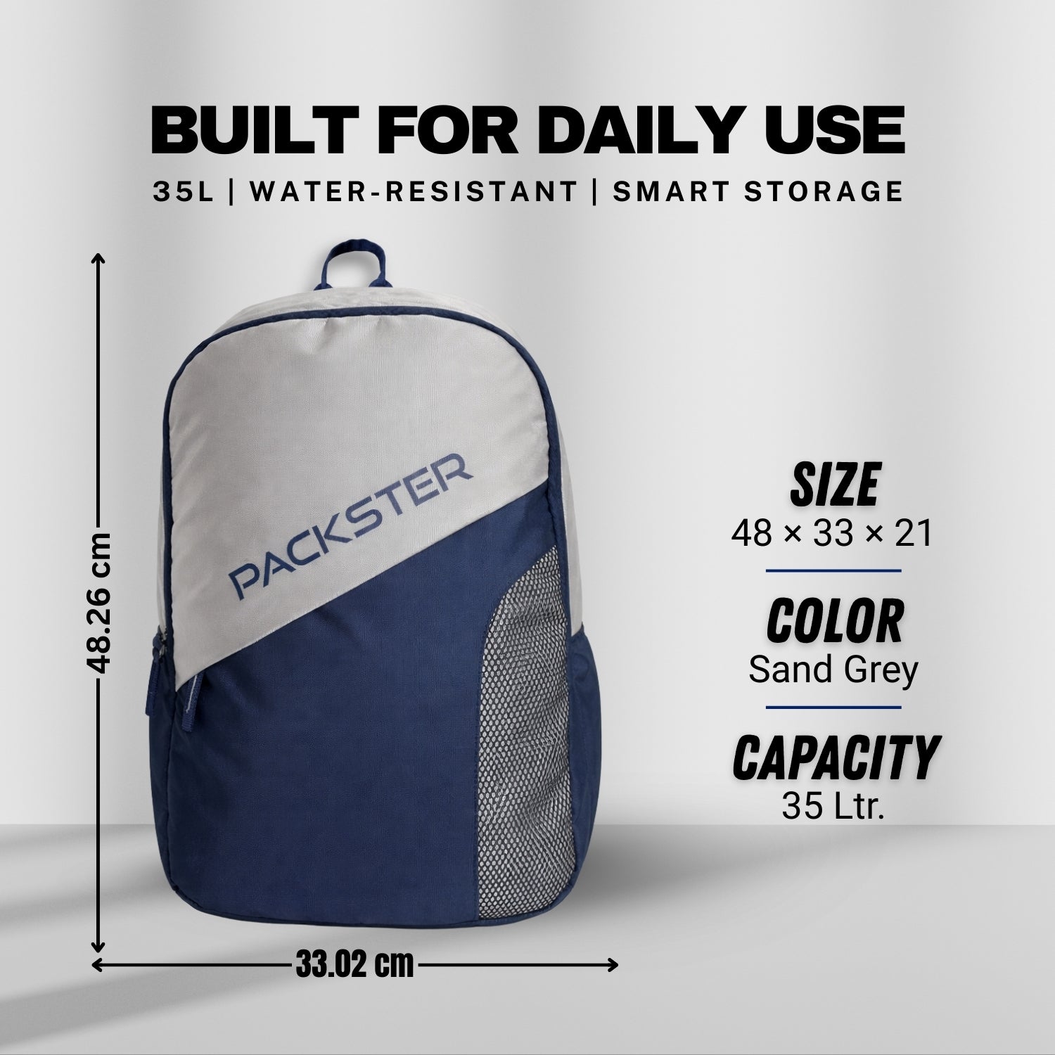 Packster BTC Horizon 35L Casual Laptop Backpack for Men & Women | Water-Resistant | Triple Compartment | Lightweight Durable College, Travel & Daily Use Bag with Bottle Holders (Grey/Navy)