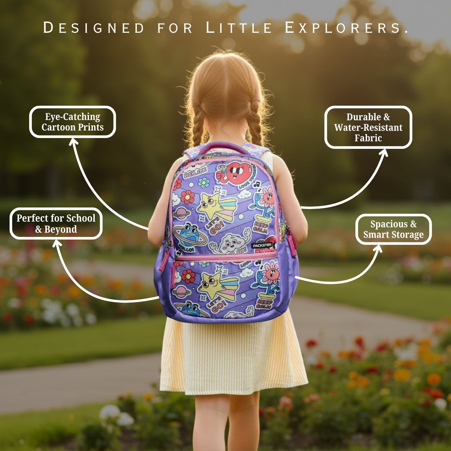 Packster kids Lavender School Backpack 35L | With Pencil Case, Water-Resistant, Triple Compartment.