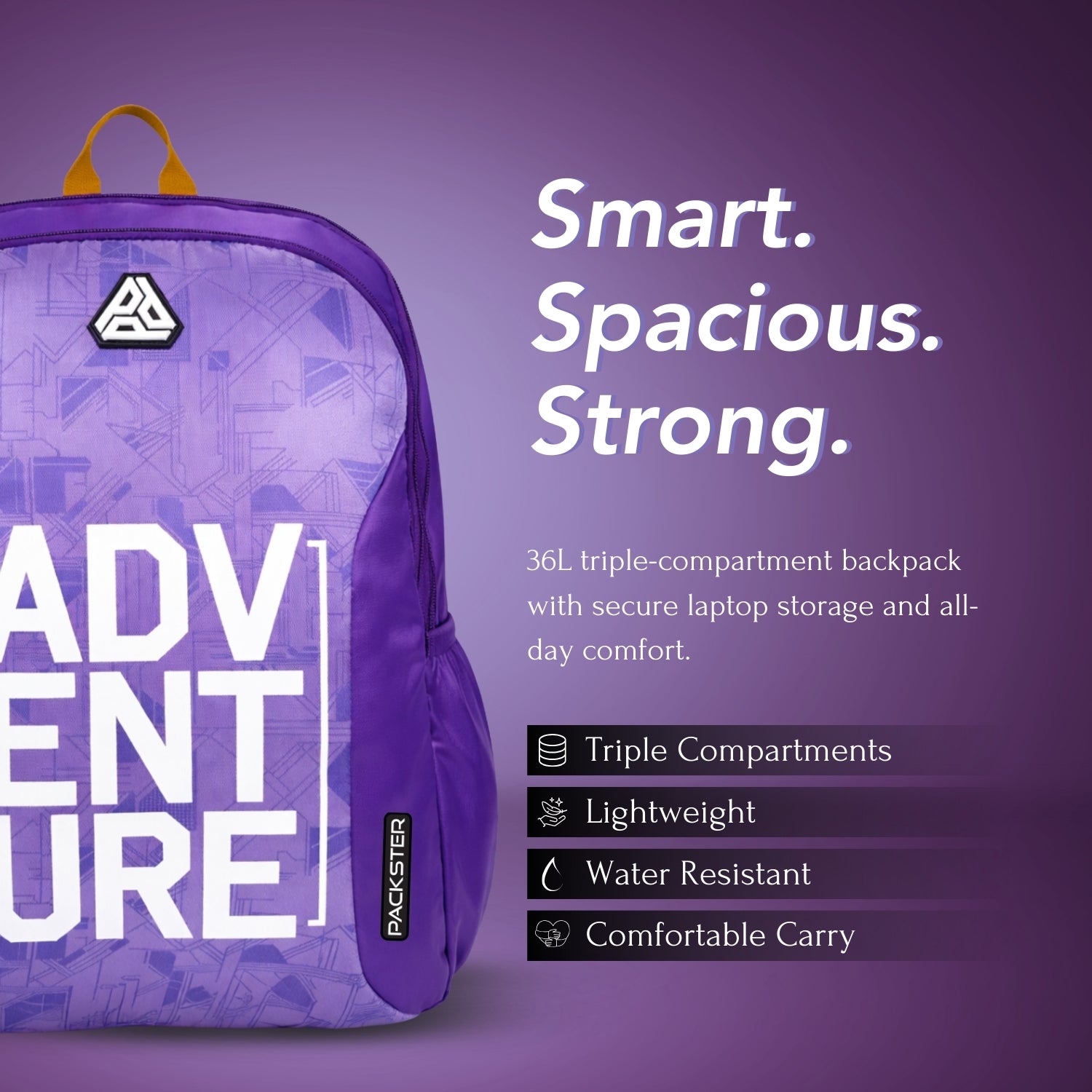 Packster Adventure lavander 36L Laptop Backpack for Students | Triple Compartment, Organizer Pockets, Water-Resistant School & Travel Bag
