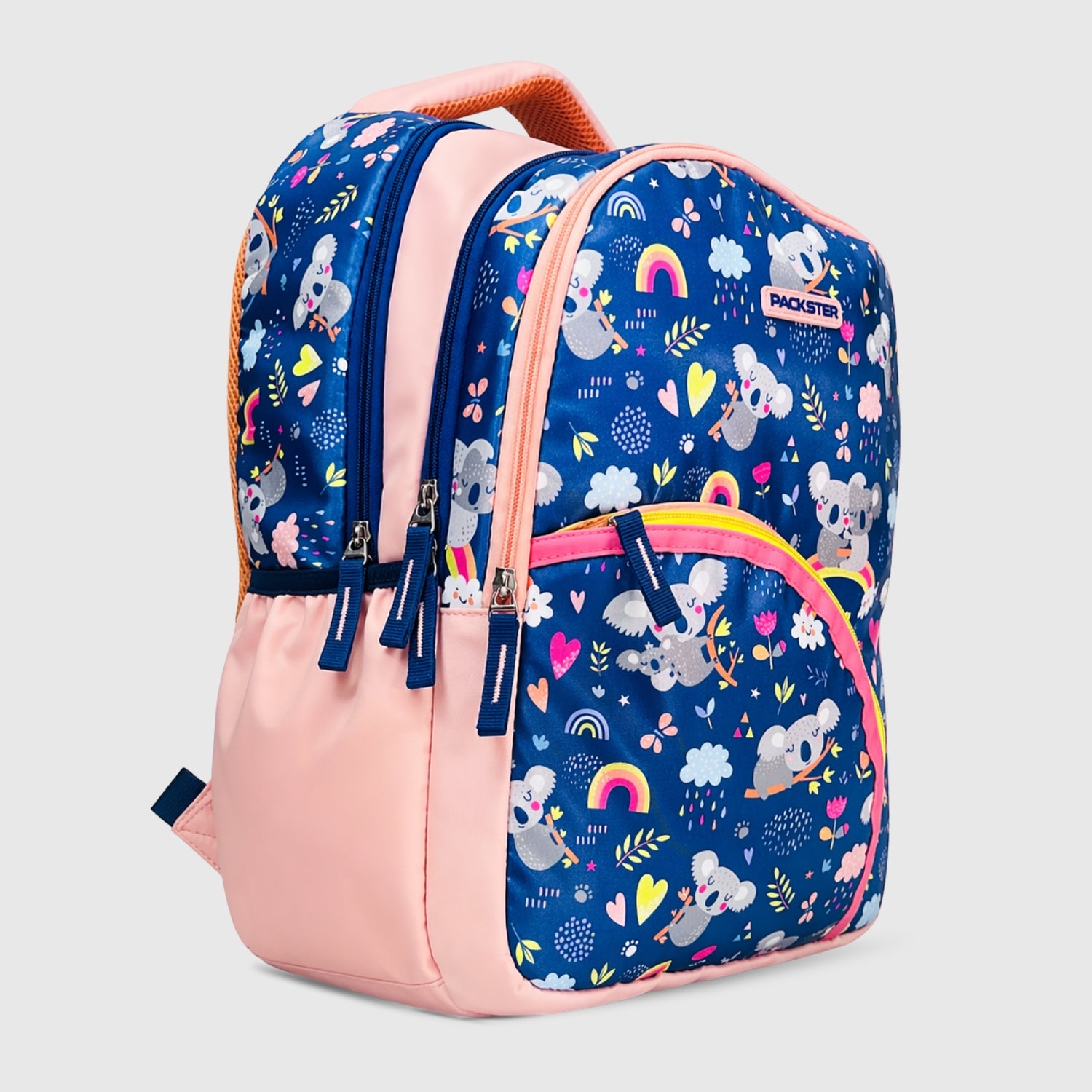 Packster BTS Raw Rainbow 30L Kids School Backpack for Girls 8–10 Years | Light Navy Koala Print School Bag with Triple Compartment, Bottle Pockets & Stationery Pouch