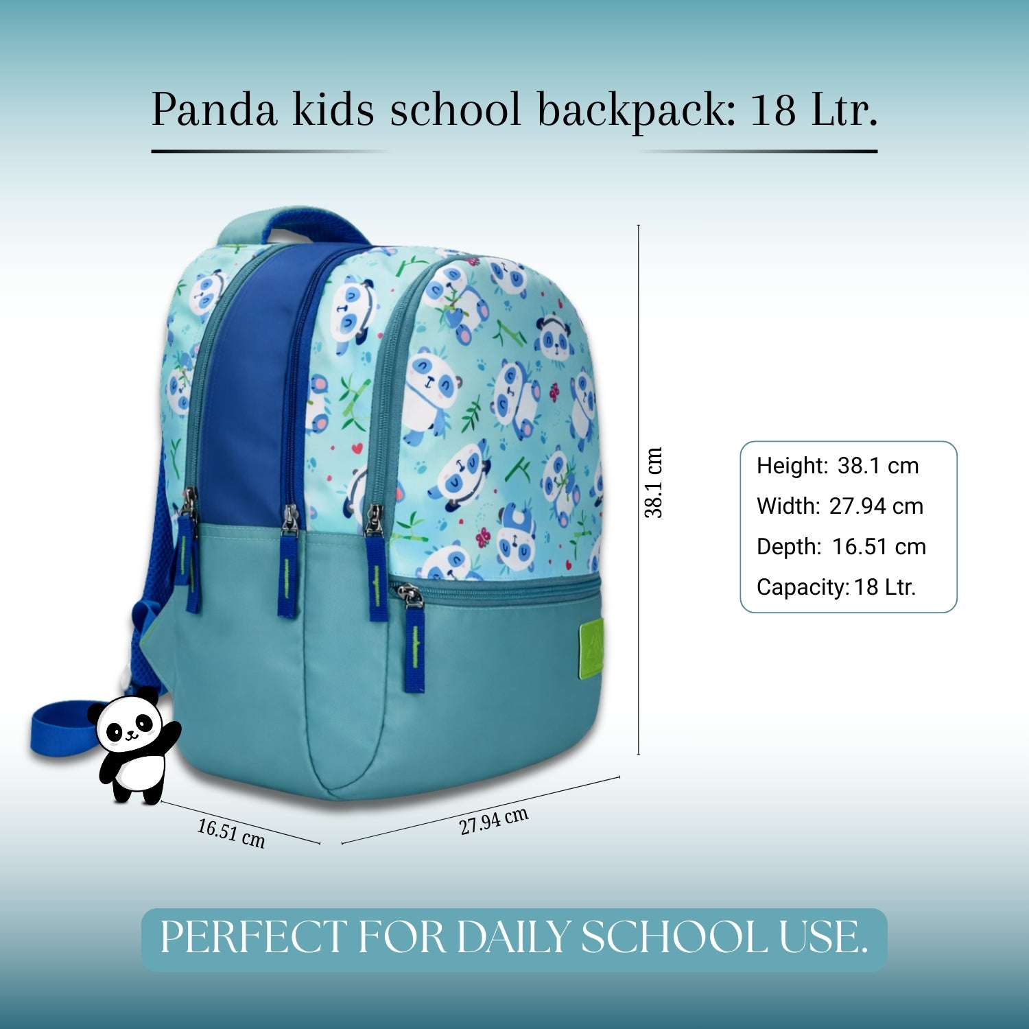 Packster Panda 18L Kids School Bags | 3 Compartments | Lightweight School Bag for Boys & Girls | Water-Resistant | Teal Panda Design