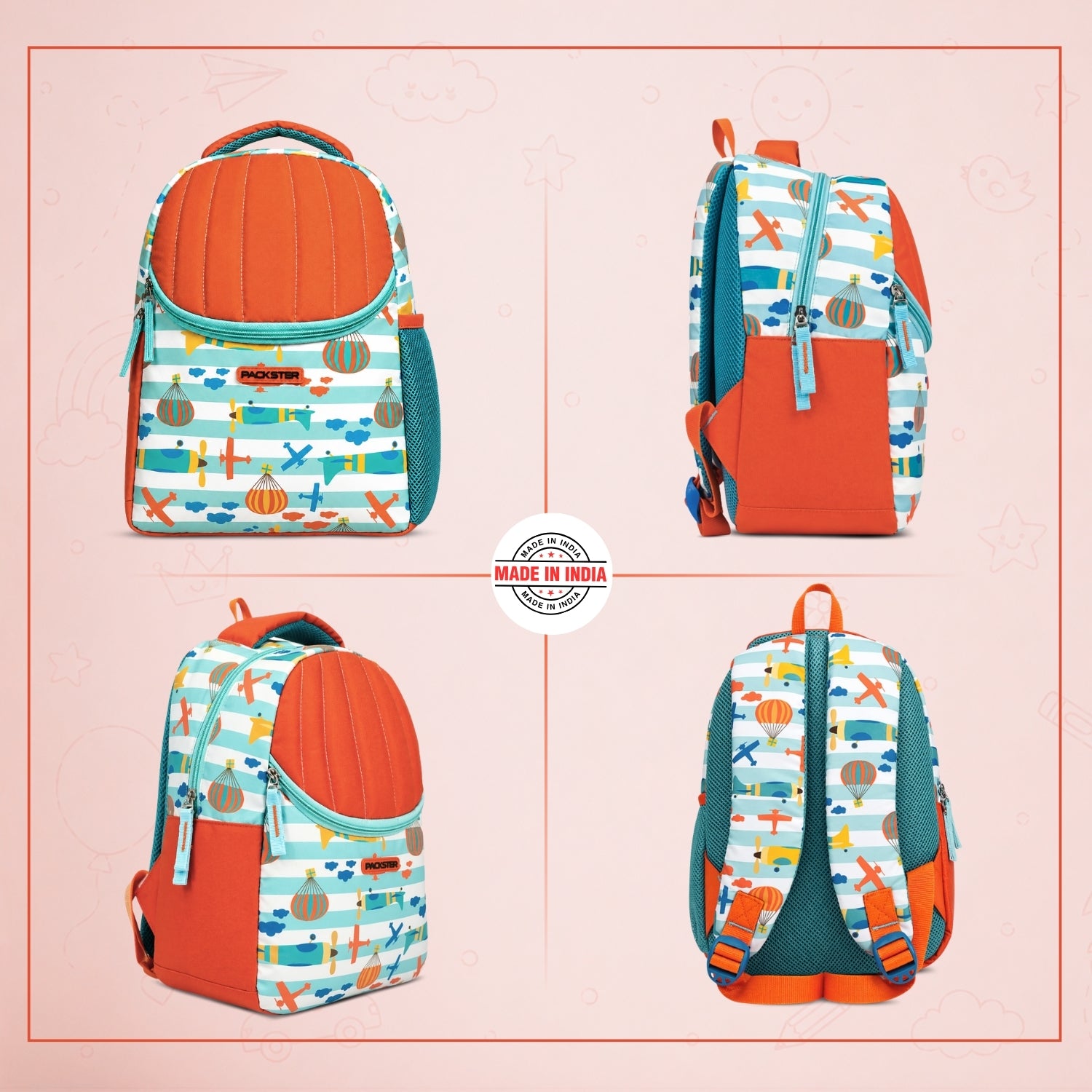 Packster SMALL TEAL PARACHUTE 9L Toddler Backpack | Parachute Print Kids School Bag | Water-Resistant | Padded Back | Front Utility Pocket | Bottle Holder | School bag for kids 2-5 Years