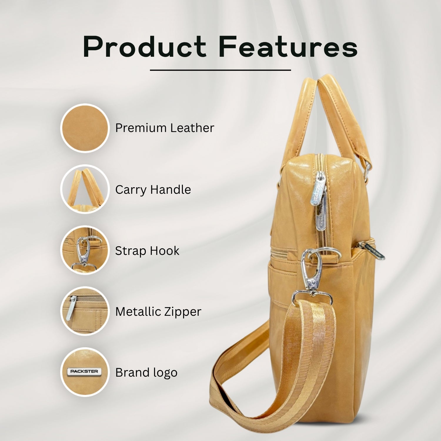 Packster Beige Laptop Messenger Bag for Men | Premium PU Office Bag with 15.6 Inch Laptop Compartment, Trolley Sleeve & Organizer