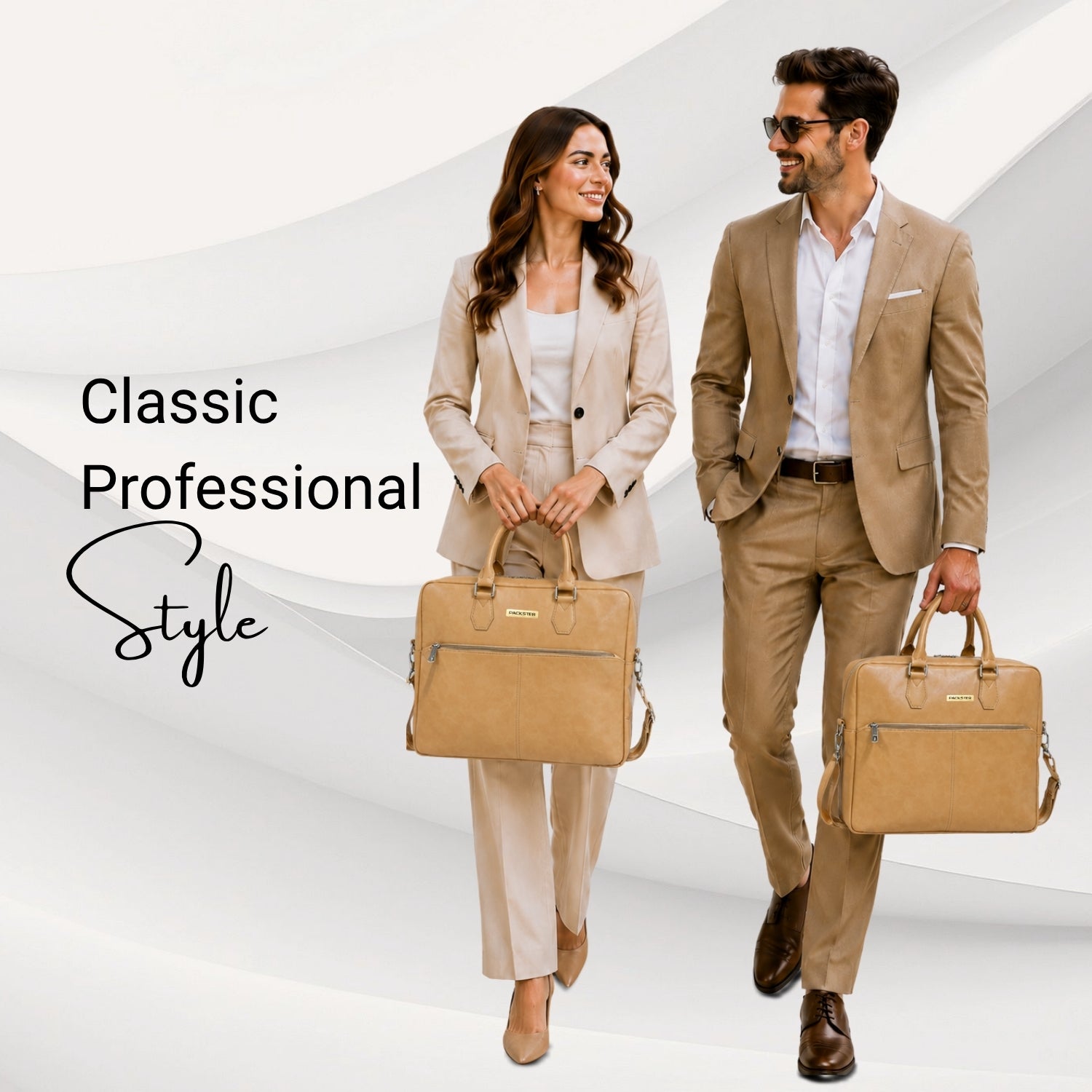 Packster Beige Laptop Messenger Bag for Men | Premium PU Office Bag with 15.6 Inch Laptop Compartment, Trolley Sleeve & Organizer