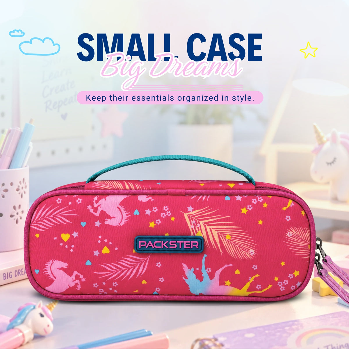Packster Tiny Trails Dark Pink 1.5L Unicorn Printed Pouch for Girls
