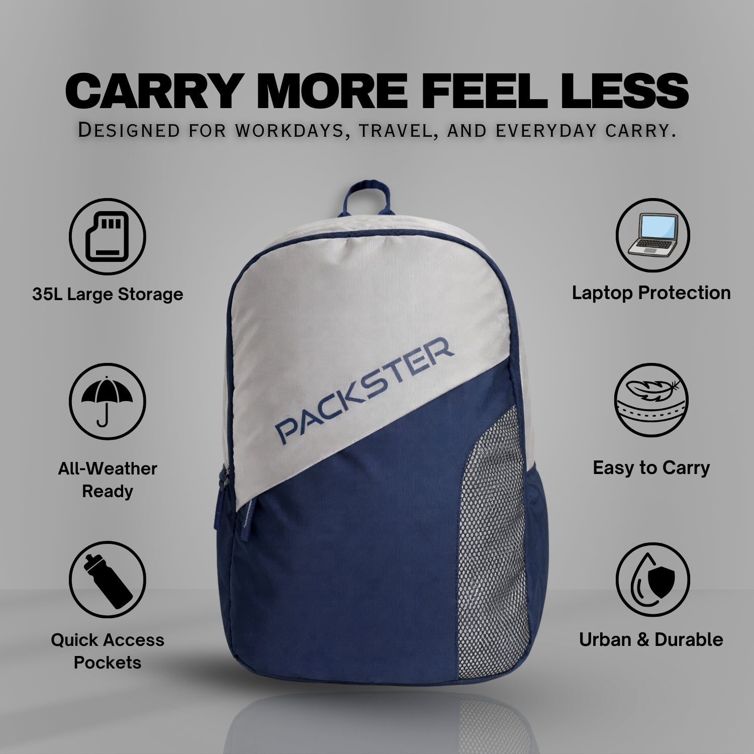 Packster BTC Horizon 35L Casual Laptop Backpack for Men & Women | Water-Resistant | Triple Compartment | Lightweight Durable College, Travel & Daily Use Bag with Bottle Holders (Grey/Navy)
