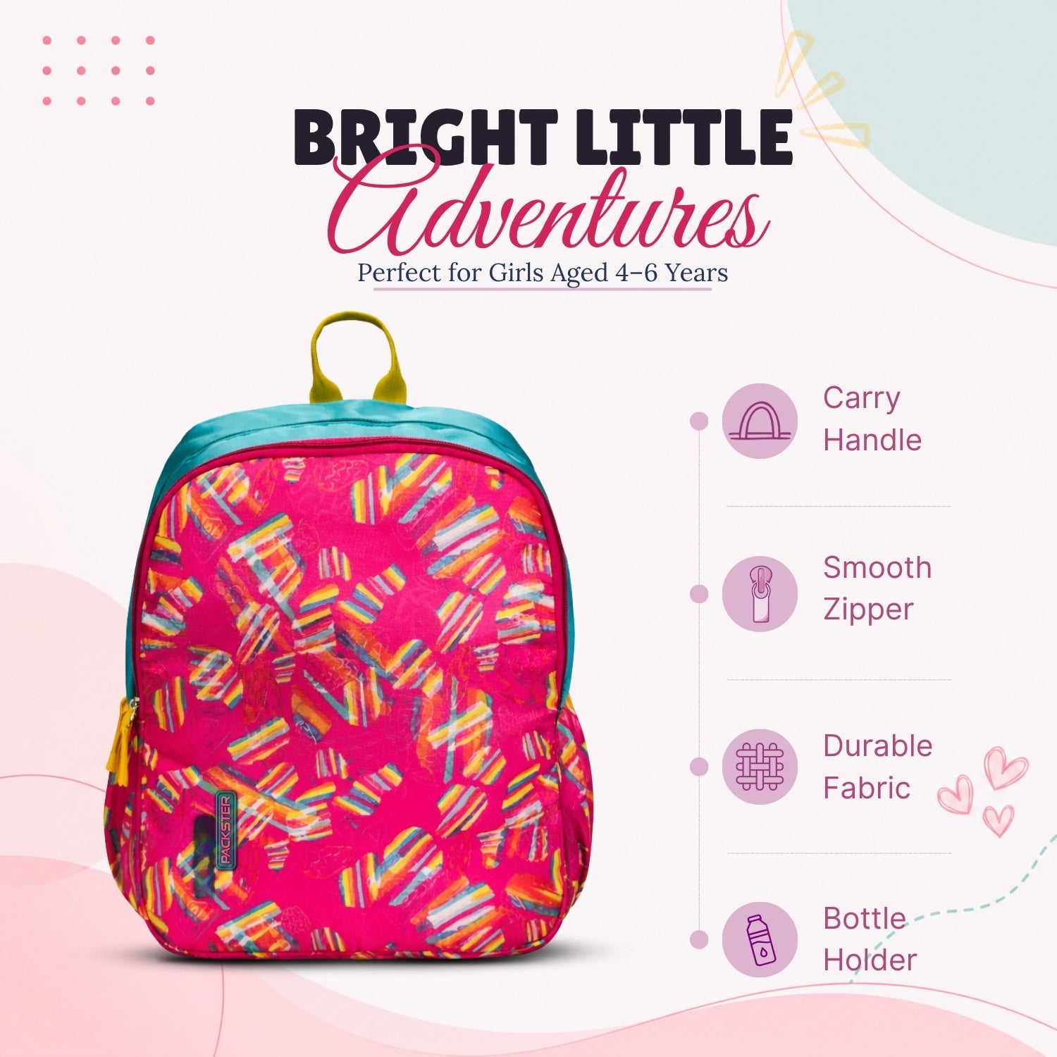Packster Boomer Girls School Backpack 23L (Age 4–6) | Dual                    Compartment Kids Bag with Utility Organizer, Pencil Pouch | Water Resistant Lightweight School Bag