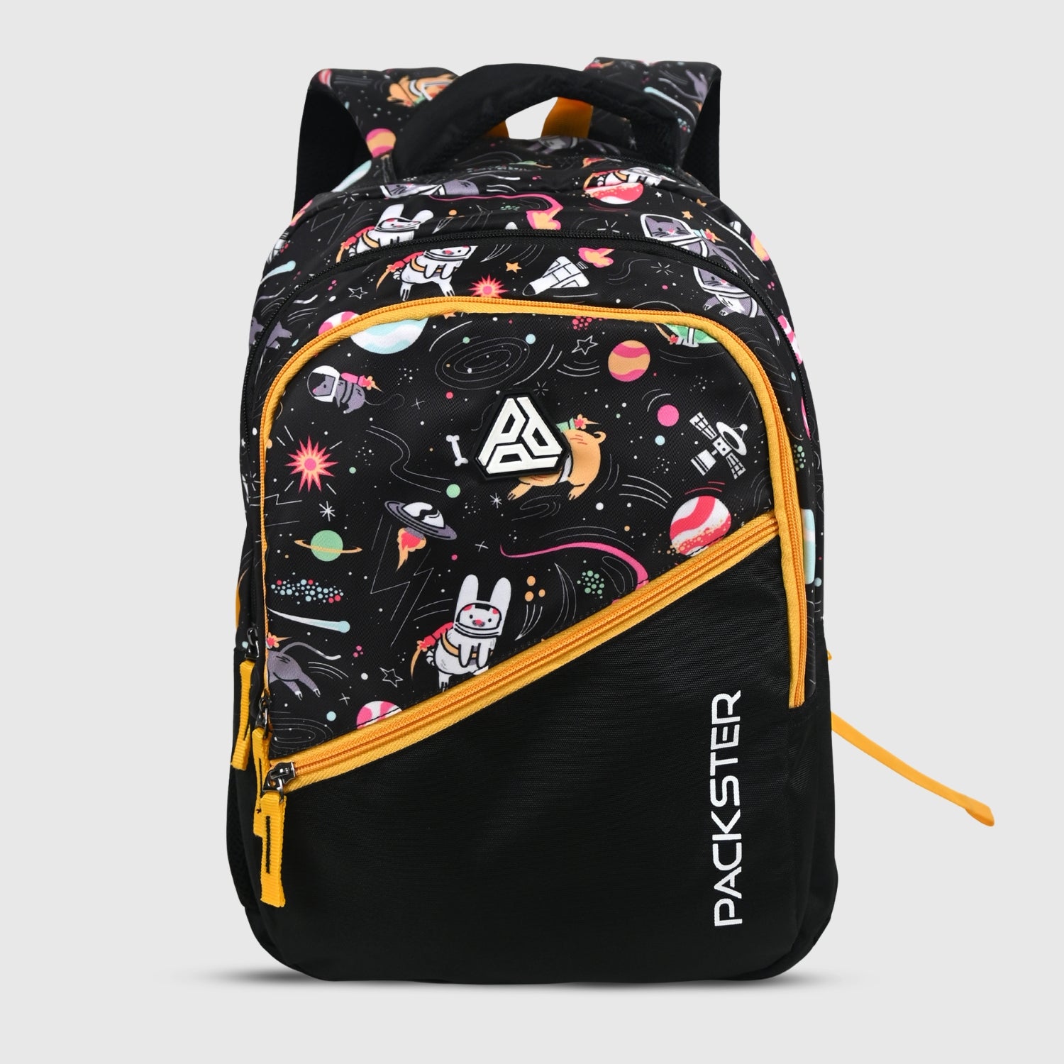 Packster 21L School Backpack for Kids (Girls & Boys) | Water-Resistant | Triple Compartment | Adjustable Padded Straps | Space Black Cartoon Design