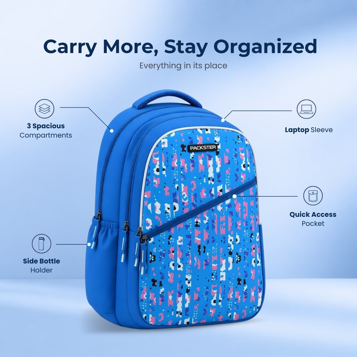 Packster 30L Kids School Bag for Girls 8–12 Years | BTS Twilight Series | Water-Resistant Casual Bag | Triple Compartment | Comfortable Padded Design | Durable Daily Use Backpack (Blue)