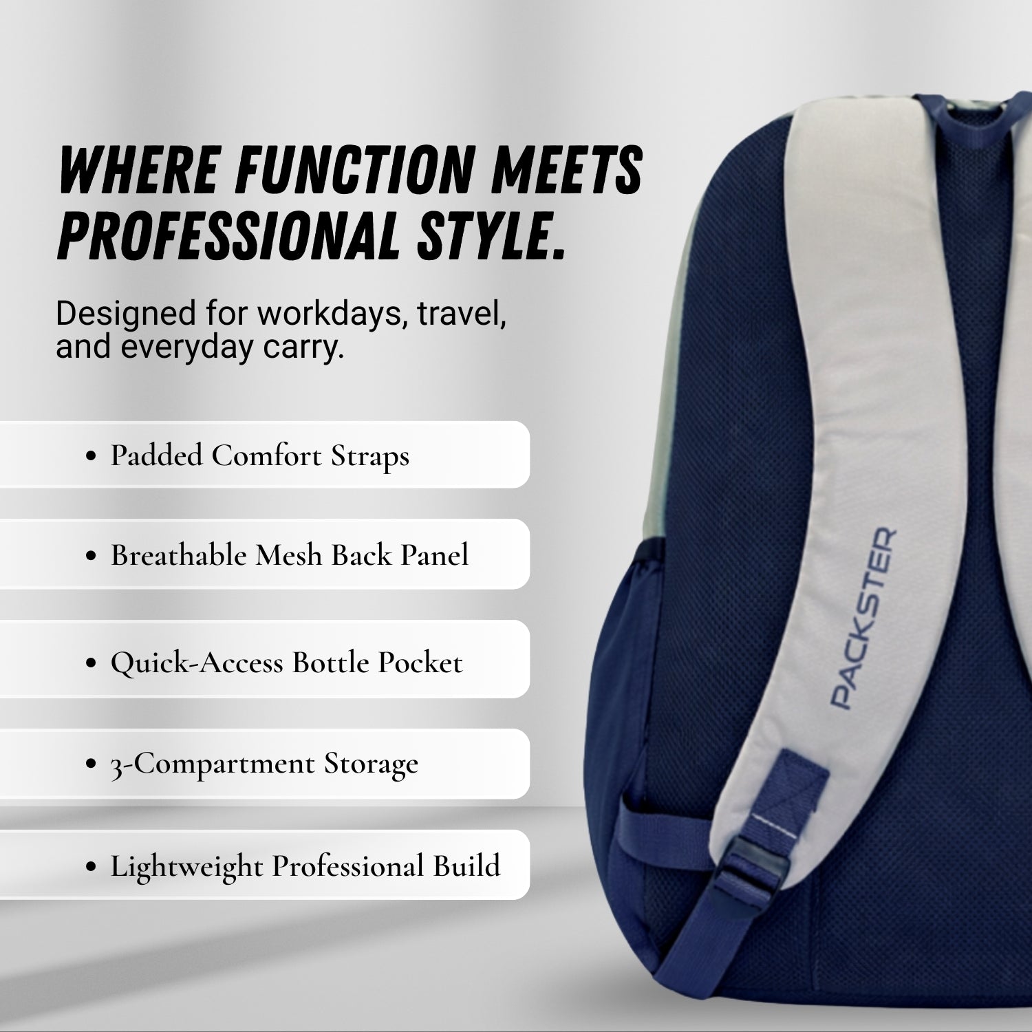 Packster BTC Horizon 35L Casual Laptop Backpack for Men & Women | Water-Resistant | Triple Compartment | Lightweight Durable College, Travel & Daily Use Bag with Bottle Holders (Grey/Navy)