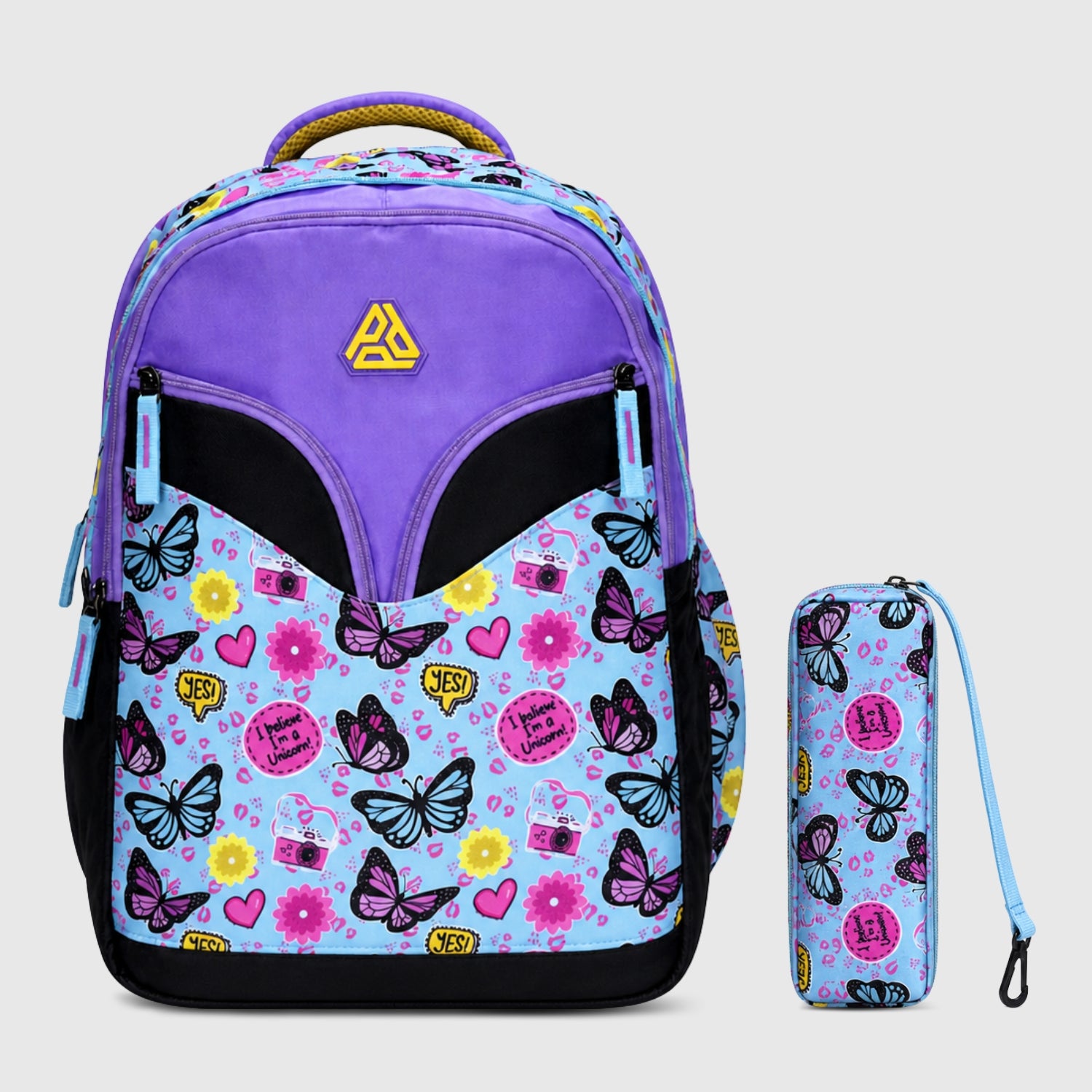 Packster Butterfly School Bags For Girls | 3 Compartments Kids Backpack With stationery Pouch | Water-Registant | Lightweight | Sky Blue Butterfly Design