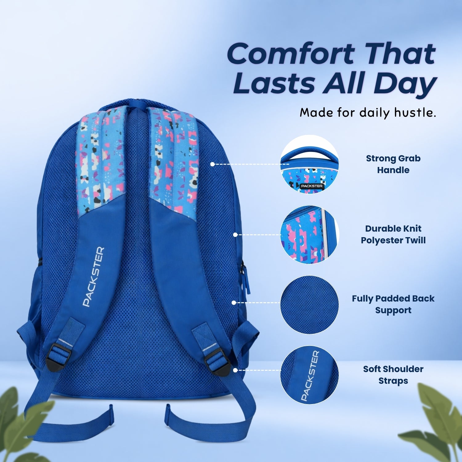 Packster 30L Kids School Bag for Girls 8–12 Years | BTS Twilight Series | Water-Resistant Casual Bag | Triple Compartment | Comfortable Padded Design | Durable Daily Use Backpack (Blue)
