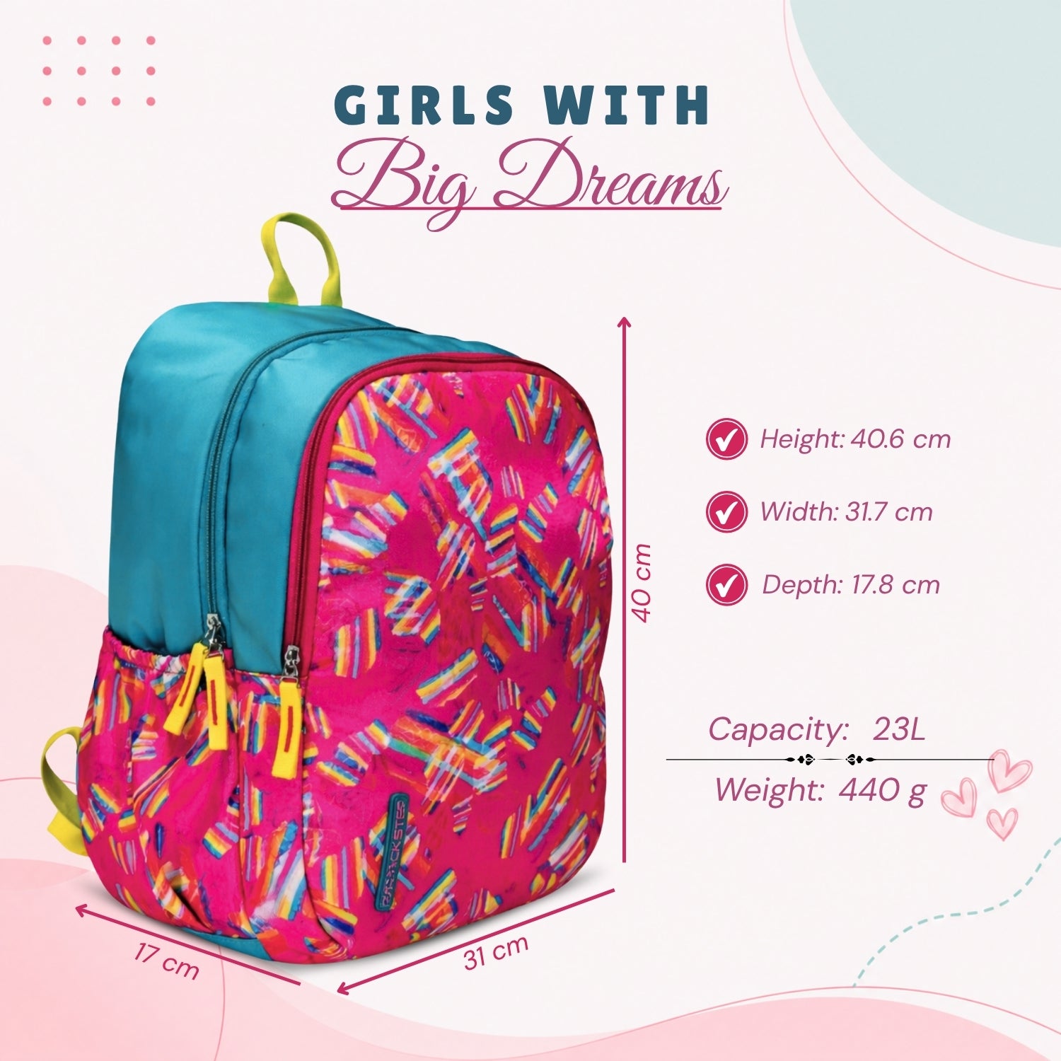 Packster Boomer Girls School Backpack 23L (Age 4–6) | Dual                    Compartment Kids Bag with Utility Organizer, Pencil Pouch | Water Resistant Lightweight School Bag