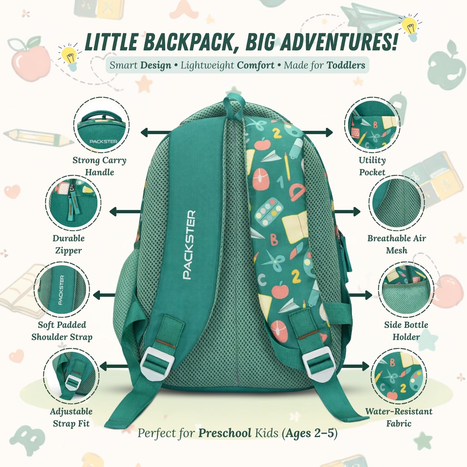 Packster PRE-PALLETE Sea Green 9L Toddler Backpack | Knit Twill Polyester | Water-Resistant Kids School Bag | Padded Back | Bottle Holder | Adjustable Straps | School bag for kids 2-5 Years