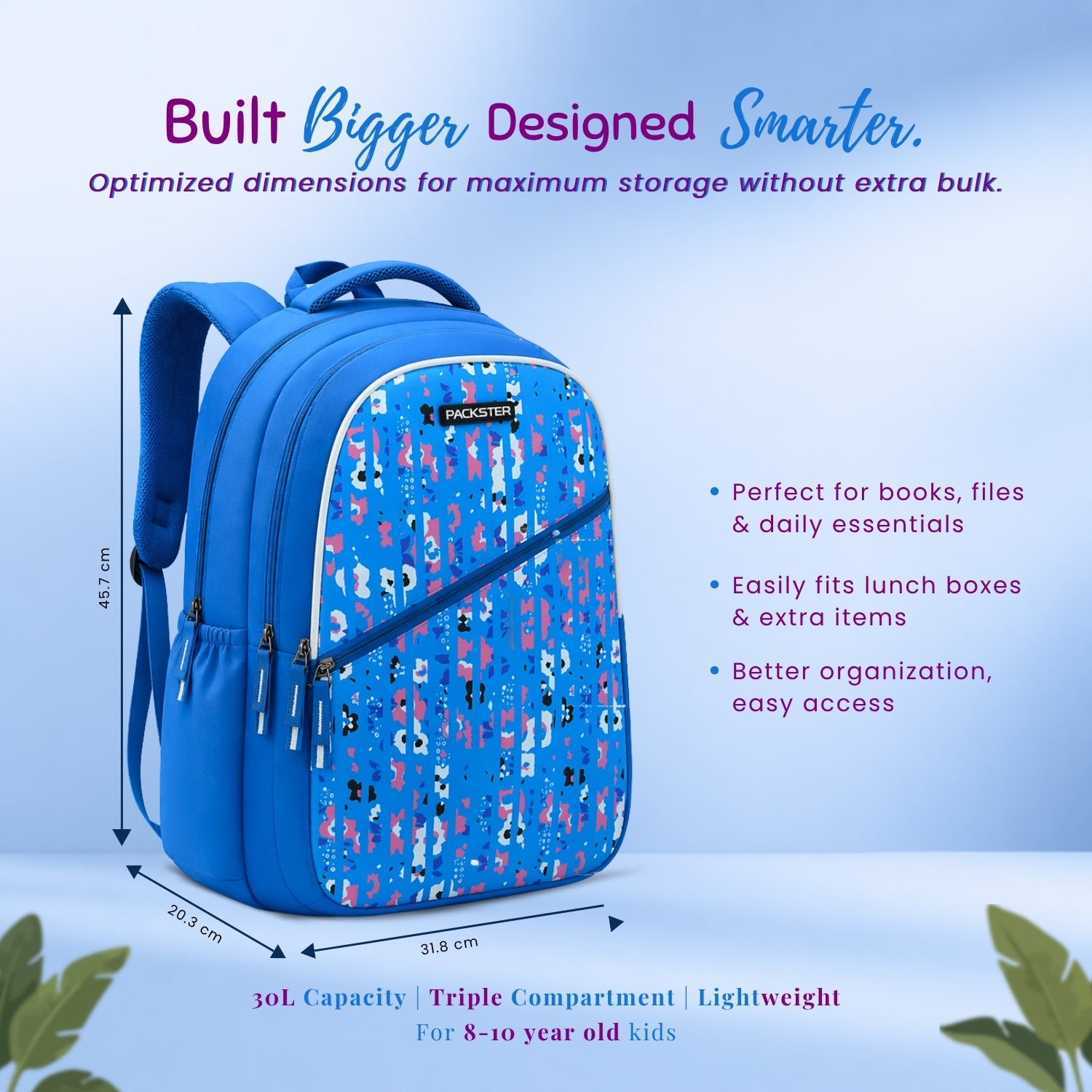 Packster 30L Kids School Bag for Girls 8–12 Years | BTS Twilight Series | Water-Resistant Casual Bag | Triple Compartment | Comfortable Padded Design | Durable Daily Use Backpack (Blue)