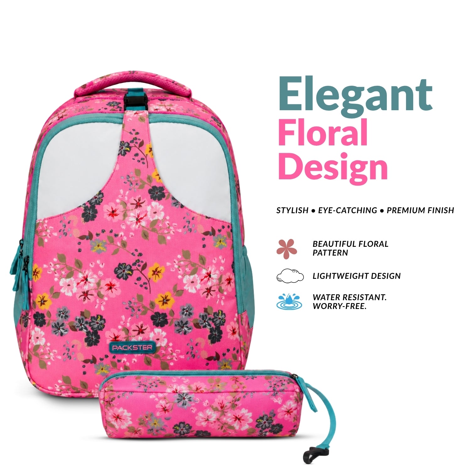 Packster Pancy Kids School Backpack | 24L  School Bags For Girls with Stationery Pouch | Lightweight | Water-Resistant | Pink Floral Design