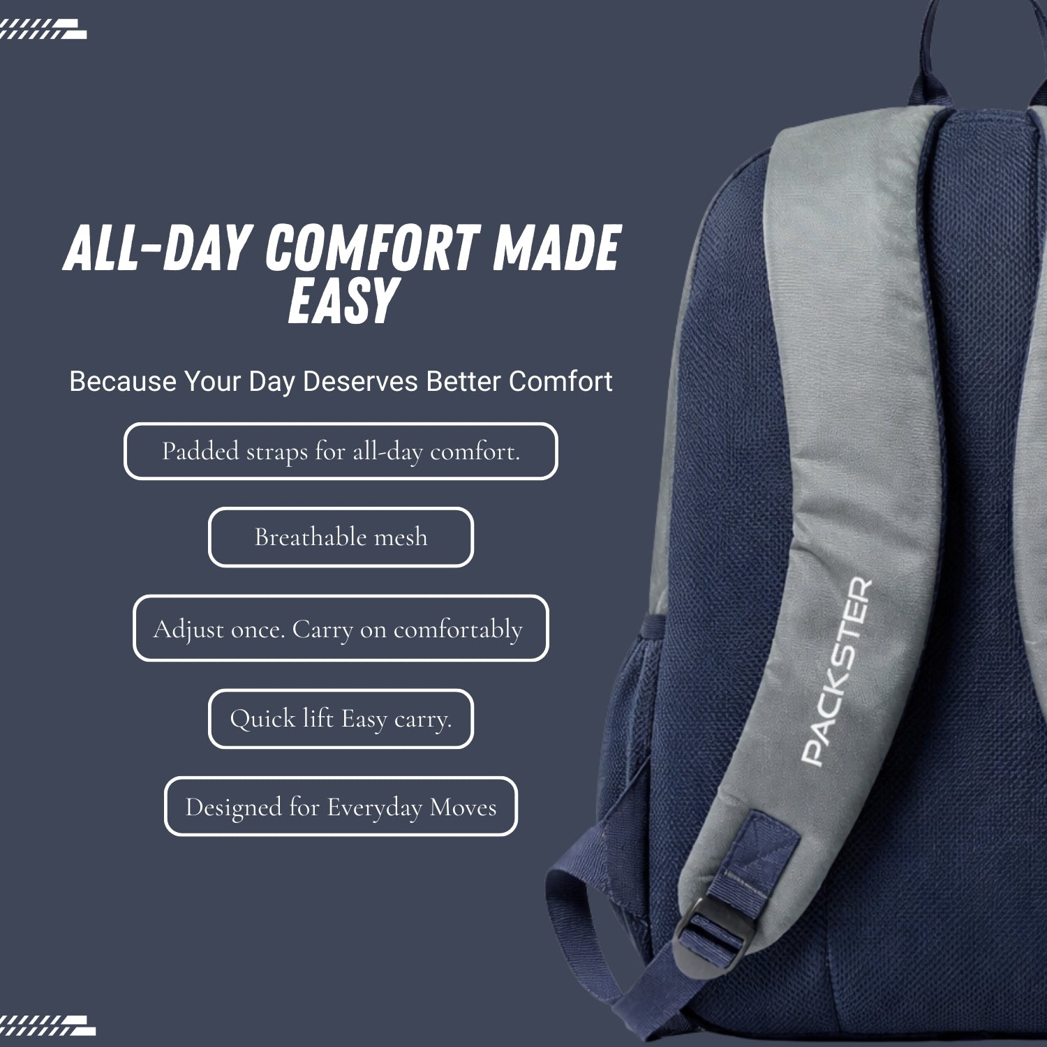 Packster BTC Horizon 35L Casual Laptop Backpack for Men & Women | Water-Resistant | Triple Compartment | Lightweight Durable College, Travel & Daily Use Bag with Bottle Holders (Smoke/Navy)