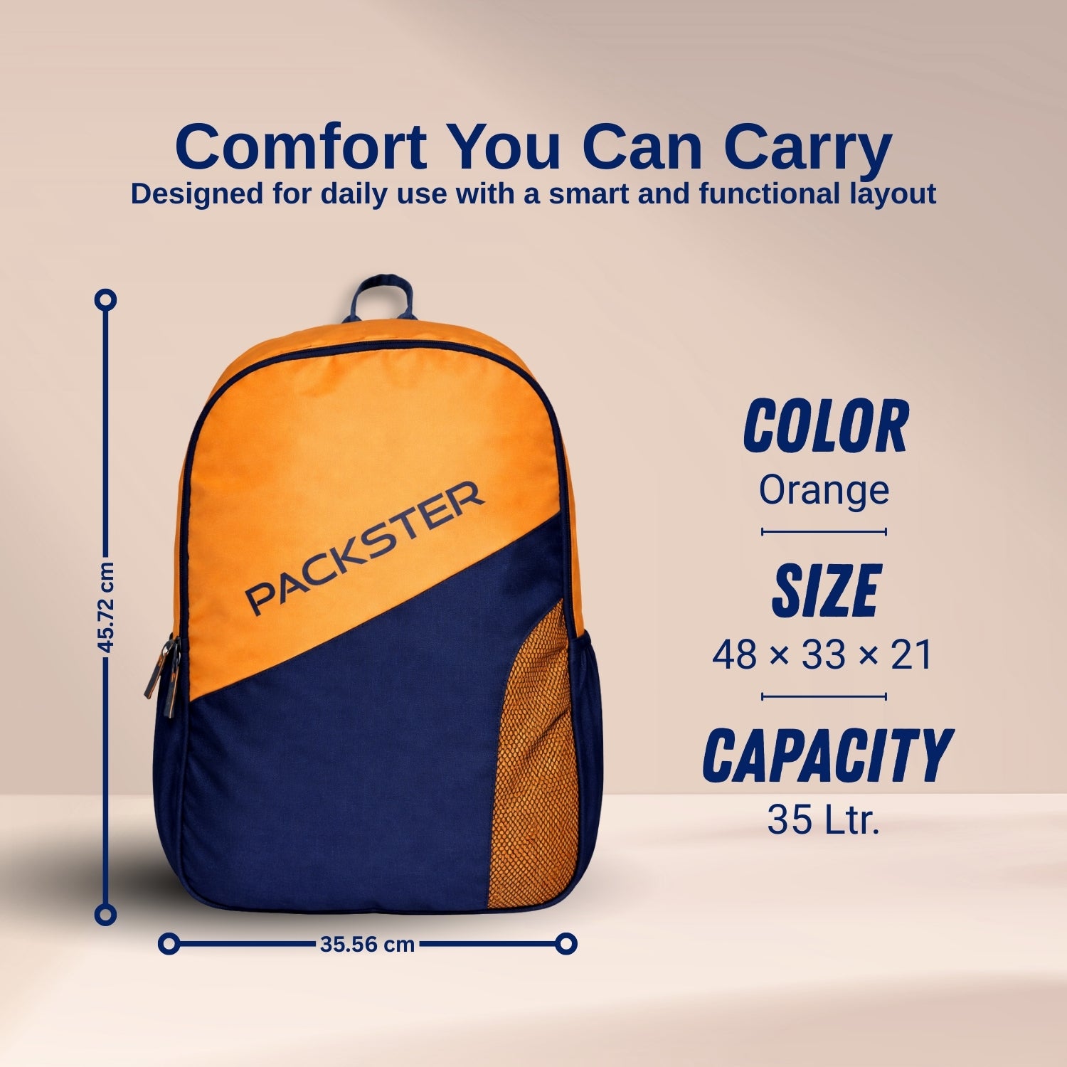 Packster BTC Horizon 35L Casual Laptop Backpack for Men & Women | Water-Resistant | Triple Compartment | Lightweight Durable College, Travel & Daily Use Bag with Bottle Holders (Sunshine/Navy)