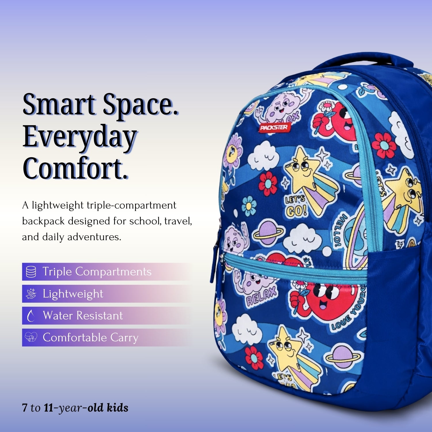 Packster BTS Relax 35L Girls School Bag 7–11 Years | Lightweight Water-Resistant Design | Triple Compartment Storage | Comfortable Padded Straps & Dual Bottle Holder | Daily Use (Blue)