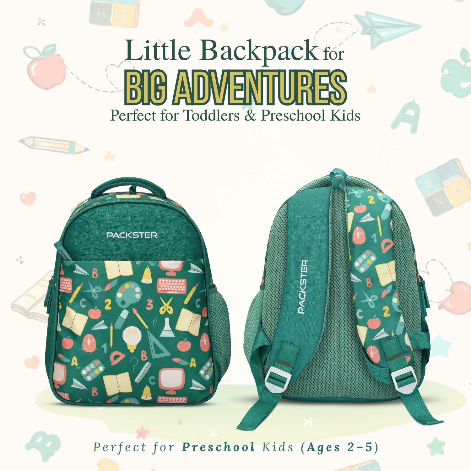Packster PRE-PALLETE Sea Green 9L Toddler Backpack | Knit Twill Polyester | Water-Resistant Kids School Bag | Padded Back | Bottle Holder | Adjustable Straps | School bag for kids 2-5 Years