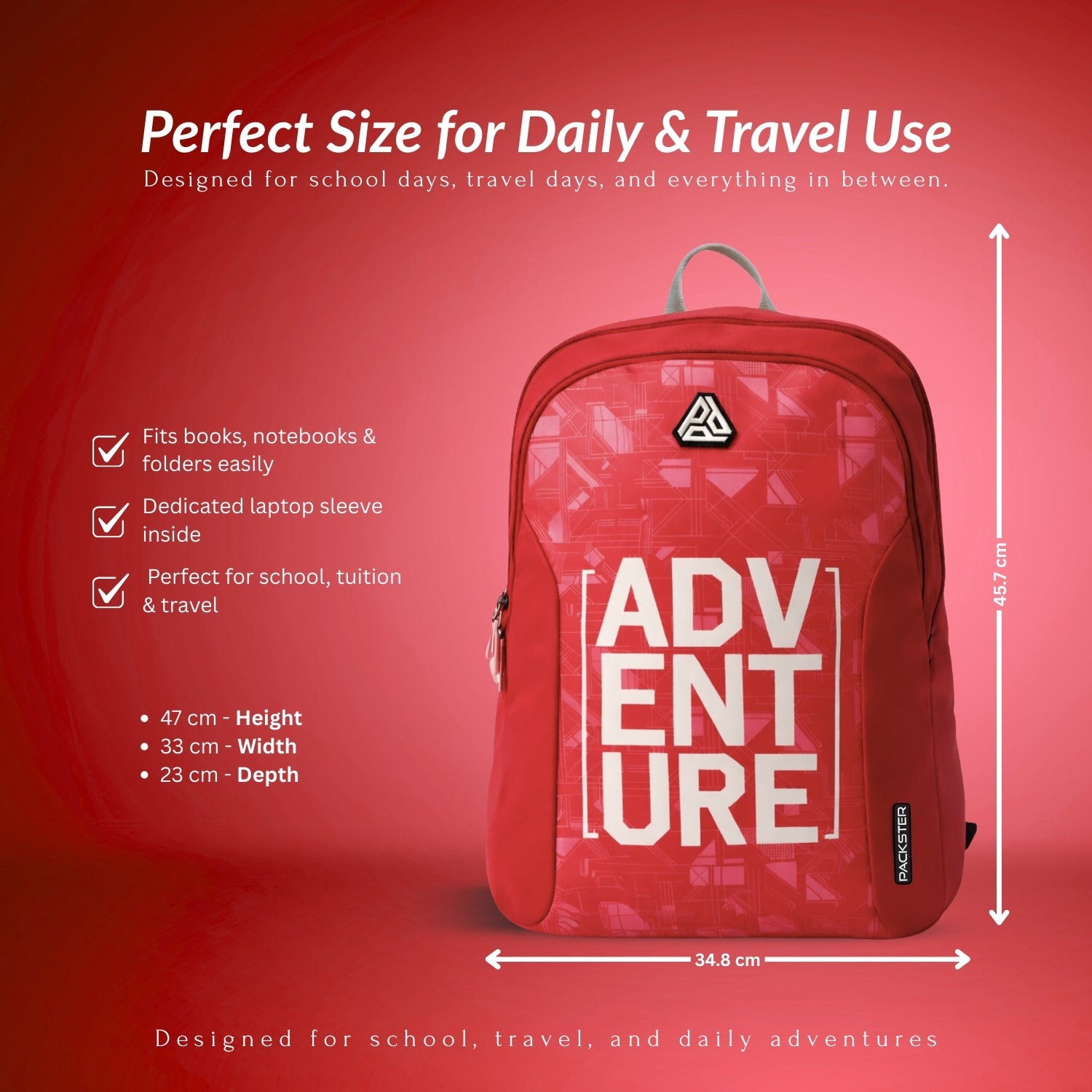 Packster Adventure red 36L Laptop Backpack for Students | Triple Compartment, Organizer Pockets, Water-Resistant School & Travel Bag