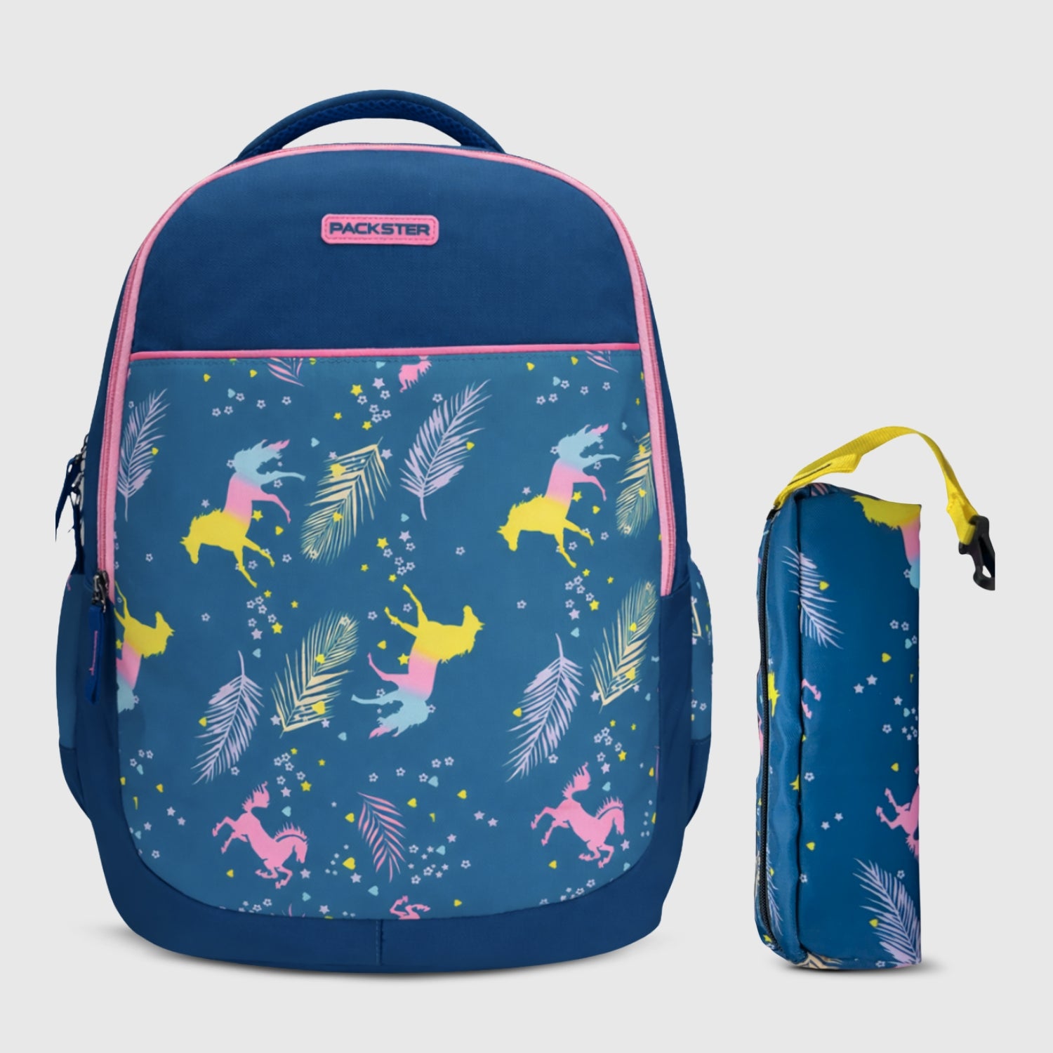 Packster Flicka school Bag For Boys & Girls | 3 Compartments | 34L Lightweight Kids School Backpack With Stationery Pouch | Water-Resistant Backpack | Blue Unicorn Design