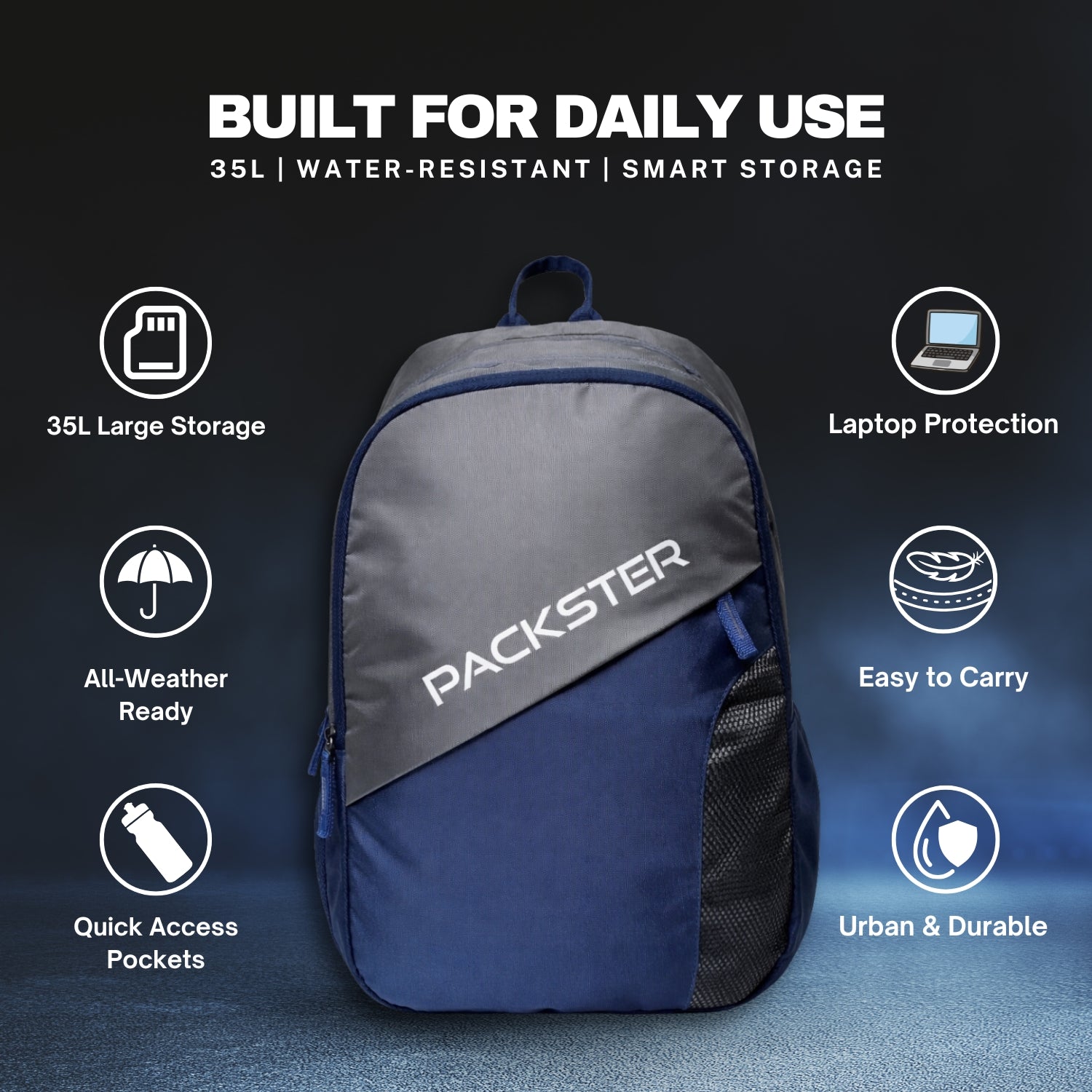 Packster BTC Horizon 35L Casual Laptop Backpack for Men & Women | Water-Resistant | Triple Compartment | Lightweight Durable College, Travel & Daily Use Bag with Bottle Holders (Smoke/Navy)