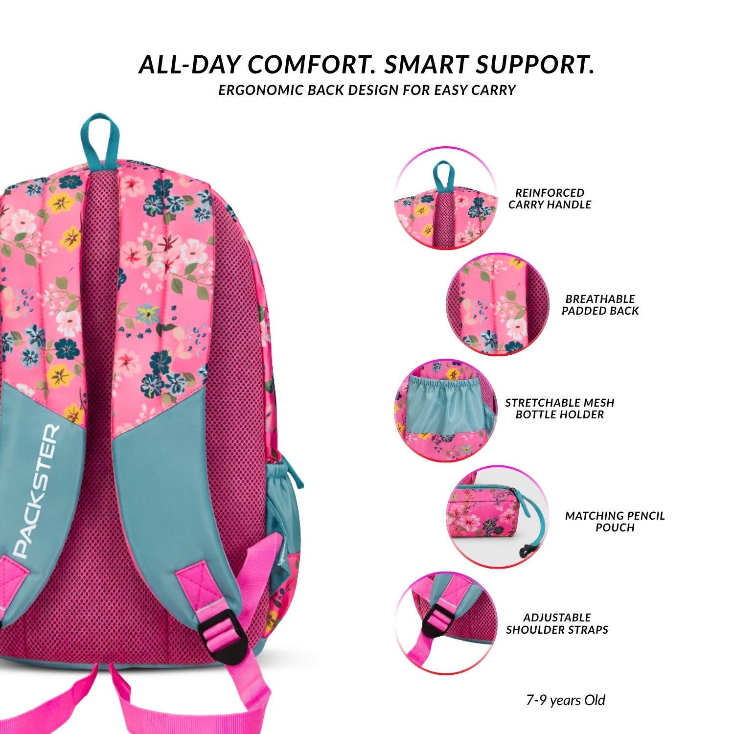 Packster Pancy Kids School Backpack | 24L  School Bags For Girls with Stationery Pouch | Lightweight | Water-Resistant | Pink Floral Design