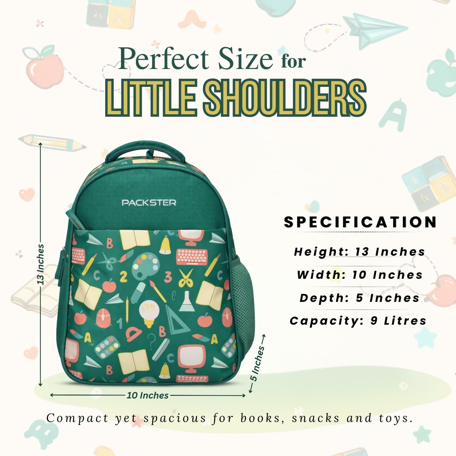 Packster PRE-PALLETE Sea Green 9L Toddler Backpack | Knit Twill Polyester | Water-Resistant Kids School Bag | Padded Back | Bottle Holder | Adjustable Straps | School bag for kids 2-5 Years